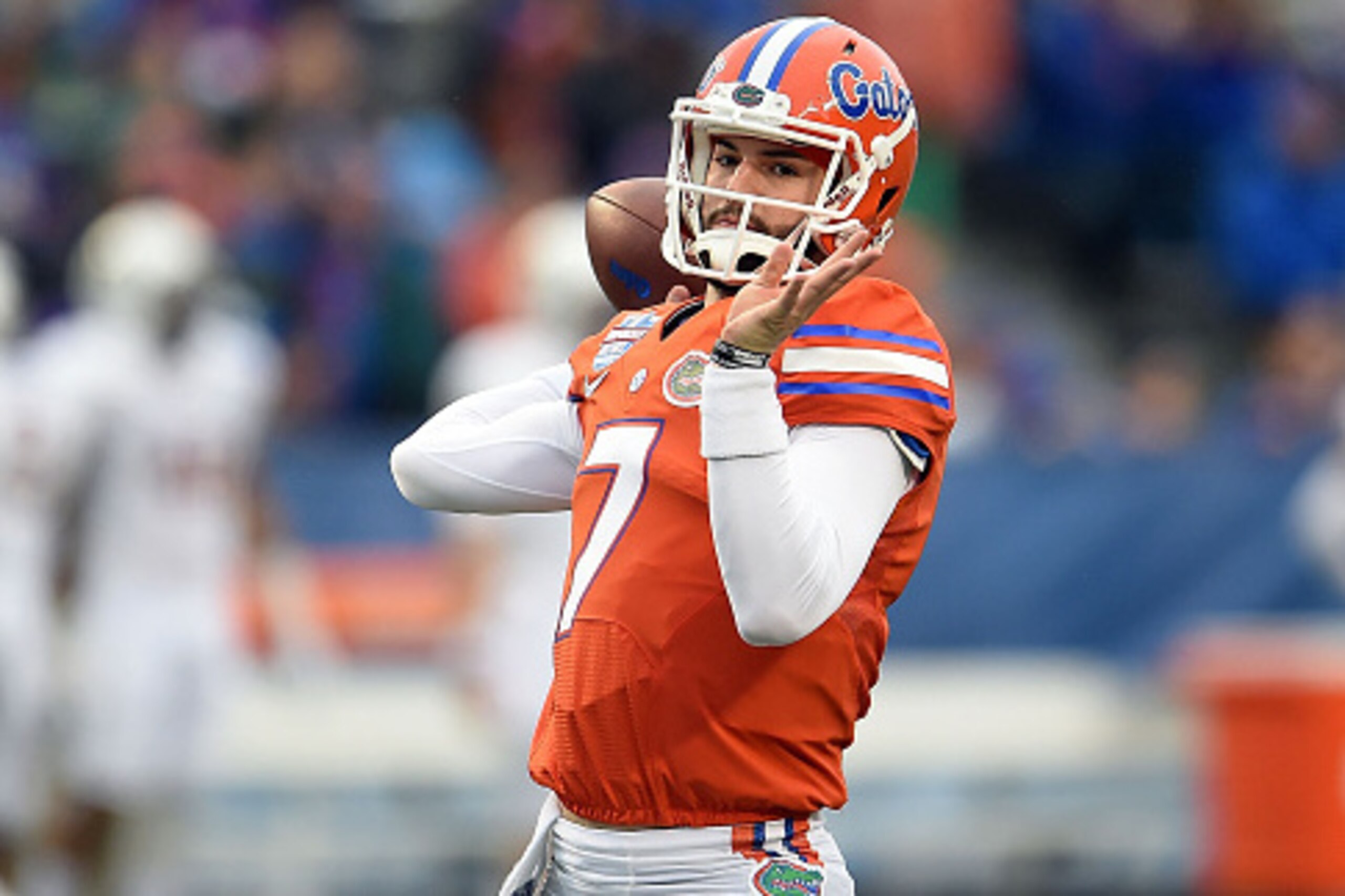 BIRMINGHAM, AL - JANUARY 03:  Will Grier #7 of the Florida Gators participates in warmups prior to a game against the East Carolina Pirates in the Birmingham Bowl at Legion Field on January 3, 2015 in Birmingham, Alabama.  Florida won the game 28-20.  (Ph