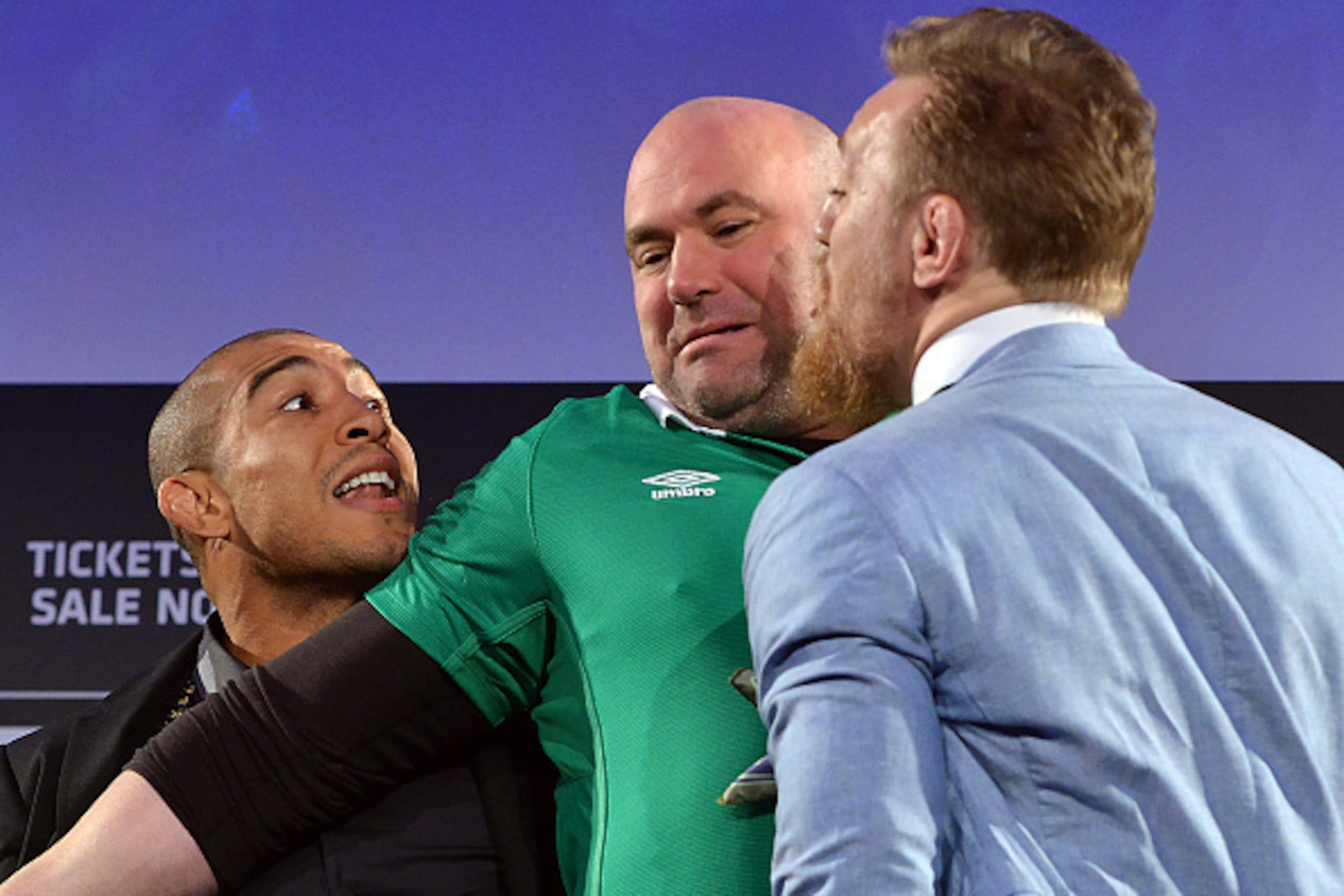 DUBLIN, IRELAND - MARCH 31:  UFC Featherweight Champion Jose Aldo of Brazil (L) is confronted by featherweight title challenger Conor 'The Notorious' McGregor of Ireland as UFC President Dana White (C) separates the two during the UFC 189 World Championsh
