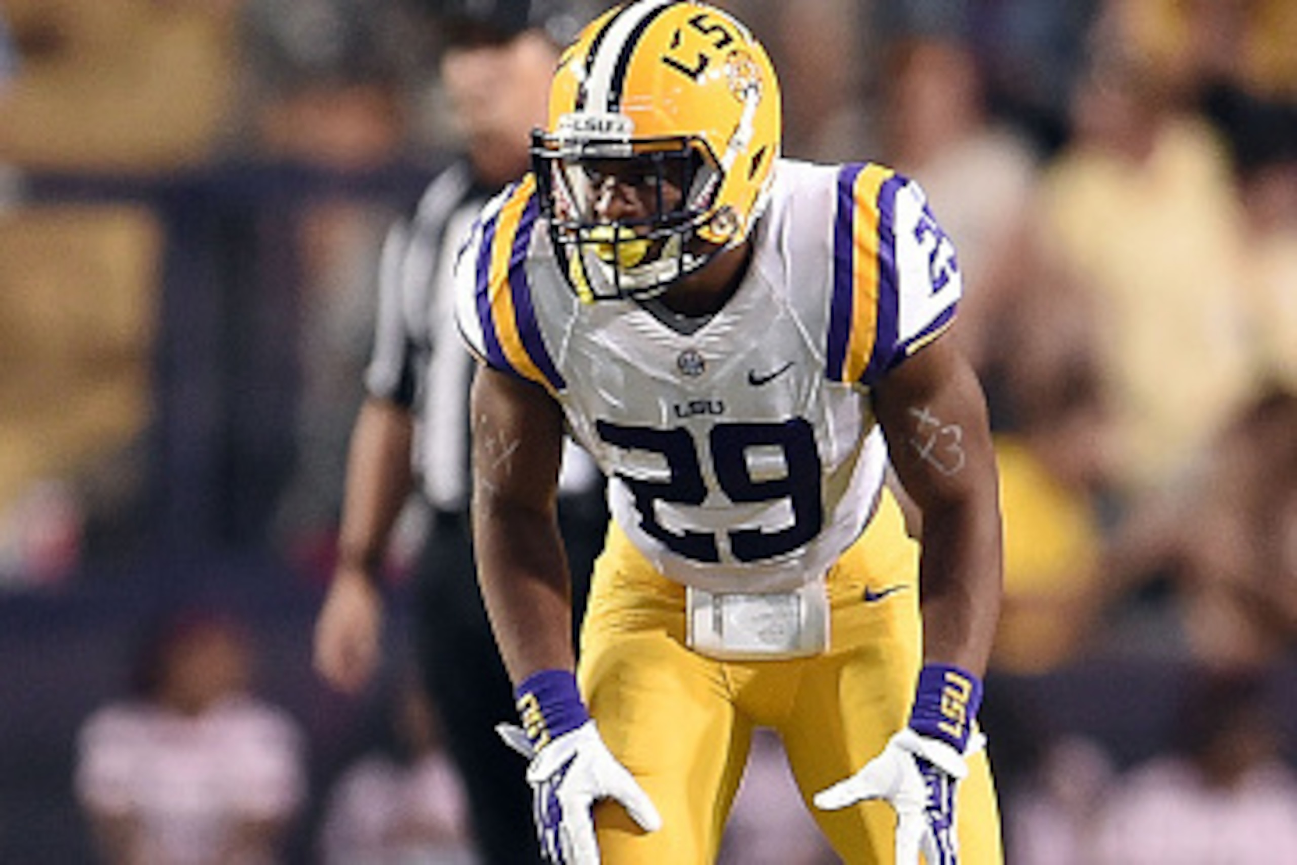 BATON ROUGE, LA - OCTOBER 18:  Rickey Jefferson #29 of the LSU Tigers anticipates a play during a game against the Kentucky Wildcats at Tiger Stadium on October 18, 2014 in Baton Rouge, Louisiana.  LSU won the game 41-3.  (Photo by Stacy Revere/Getty Imag