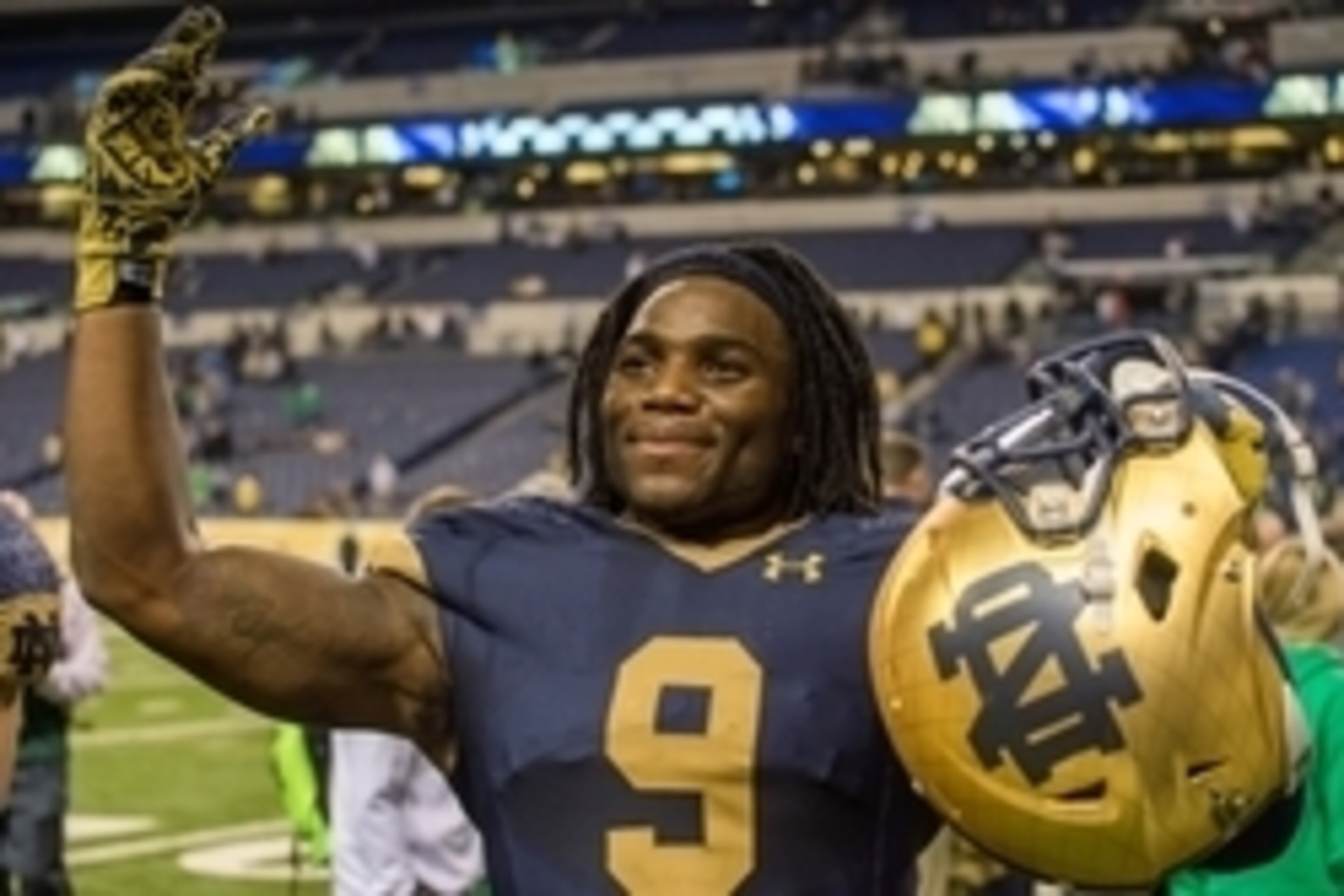 Sep 13, 2014; Indianapolis, IN, USA; Notre Dame Fighting Irish linebacker Jaylon Smith (9) celebrates after Notre Dame defeated the Purdue Boilermakers 30-14 at Lucas Oil Stadium. Mandatory Credit: Matt Cashore-USA TODAY Sports Sep 13, 2014; Indianapolis, IN, USA; Notre Dame Fighting Irish linebacker Jaylon Smith (9) celebrates after Notre Dame defeated the Purdue Boilermakers 30-14 at Lucas Oil Stadium. Mandatory Credit: Matt Cashore-USA TODAY Sports