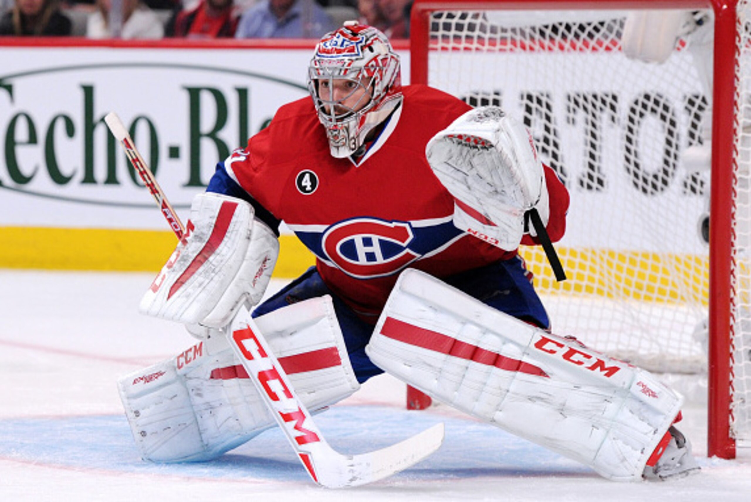 MONTREAL, QC - APRIL 17:  Carey Price #31 of the Montreal Canadiens watches play during Game Two of the Eastern Conference Quarterfinals  of the 2015 NHL Stanley Cup Playoffs at the Bell Centre on April 17, 2015 in Montreal, Quebec, Canada.  The Canadiens