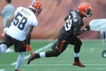 Jun 16, 2015; Berea, OH, USA; Cleveland Browns linebacker Chris Kirksey (58) and Cleveland Browns running back Duke Johnson (29) during minicamp at the Cleveland Browns practice facility. Mandatory Credit: Ken Blaze-USA TODAY Sports