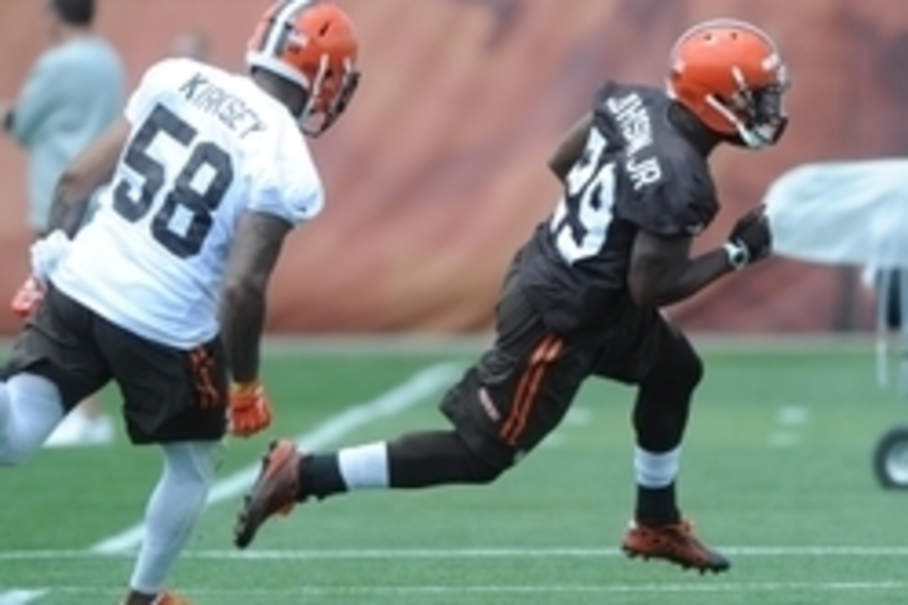 Jun 16, 2015; Berea, OH, USA; Cleveland Browns linebacker Chris Kirksey (58) and Cleveland Browns running back Duke Johnson (29) during minicamp at the Cleveland Browns practice facility. Mandatory Credit: Ken Blaze-USA TODAY Sports Jun 16, 2015; Berea, OH, USA; Cleveland Browns linebacker Chris Kirksey (58) and Cleveland Browns running back Duke Johnson (29) during minicamp at the Cleveland Browns practice facility. Mandatory Credit: Ken Blaze-USA TODAY Sports