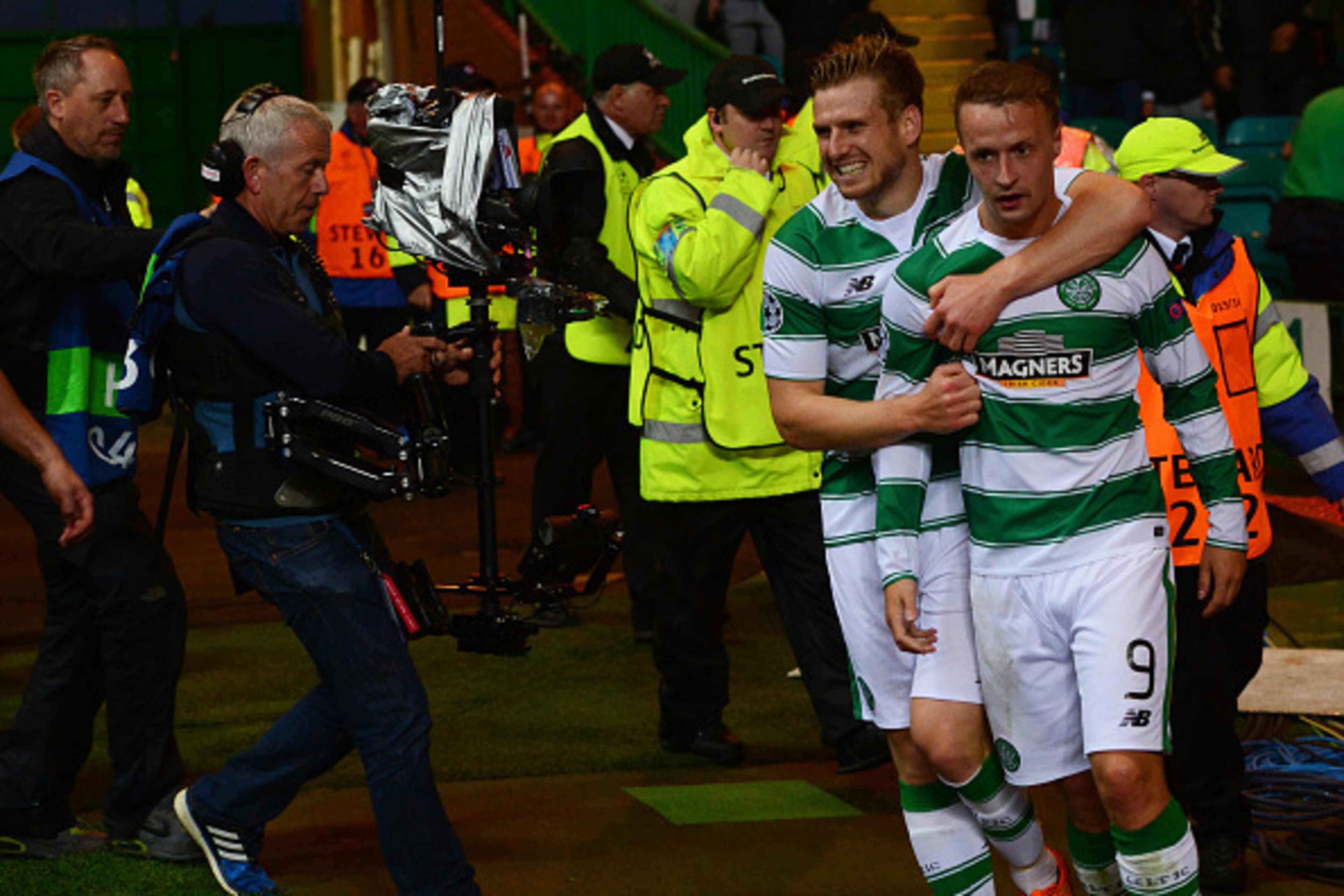 GLASGOW, SCOTLAND - AUGUST 19 : Leigh Griffiths of Celtic celebrates scoring early in the second half during the UEFA Champions League Qualifying play off first leg match, between at Celtic Park on August 19, 2015 in Glasgow Scotland. (Photo by Mark Runna