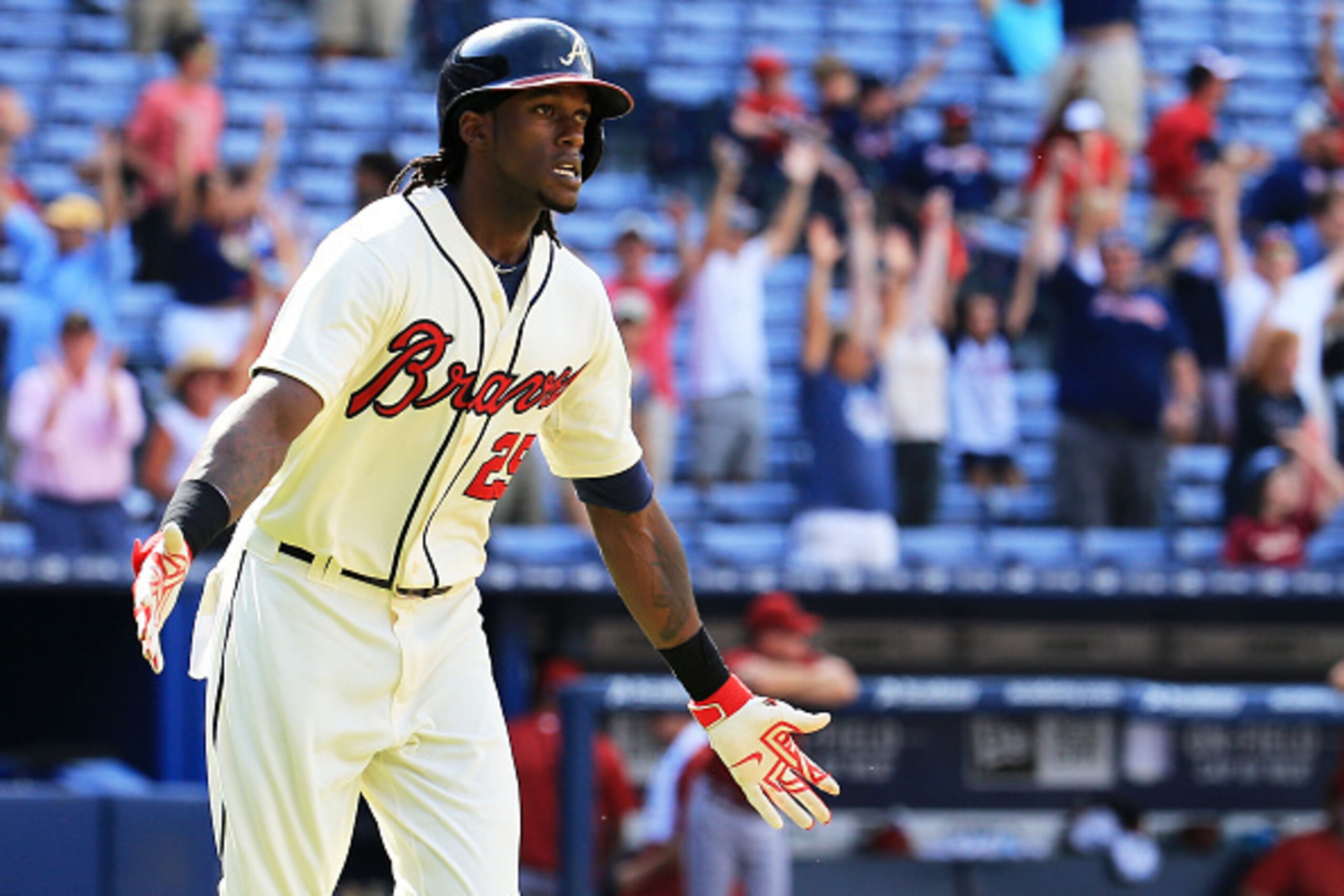 ATLANTA, GA - AUGUST 16:  Cameron Maybin #25 of the Atlanta Braves celebrates a walk off home run in the tenth inning against the Arizona Diamondbacks at Turner Field on August 16, 2015 in Atlanta, Georgia.  (Photo by Daniel Shirey/Getty Images)