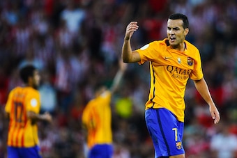 BILBAO, SPAIN - AUGUST 14:  Pedro Rodriguez of FC Barcelona reacts during the Spanish Super Cup first leg match between FC Barcelona and Athletic Club at San Mames Stadium on August 14, 2015 in Bilbao, Spain.  (Photo by David Ramos/Getty Images)