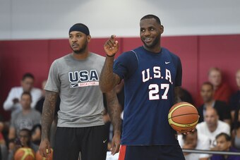 LAS VEGAS, NV - AUGUST 12: Carmelo Anthony and LeBron James of USA Mens National Team participates in minicamp at UNLV on August 12, 2015 in Las Vegas, Nevada. NOTE TO USER: User expressly acknowledges and agrees that, by downloading and/or using this Pho