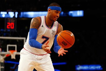 NEW YORK, NY - FEBRUARY 15:  (NEW YORK DAILIES OUT)    Carmelo Anthony #7 of the Eastern Conference in action against the Western Conference during the 2015 NBA All-Star Game at Madison Square Garden on February 15, 2015 in New York City. The Western Conf
