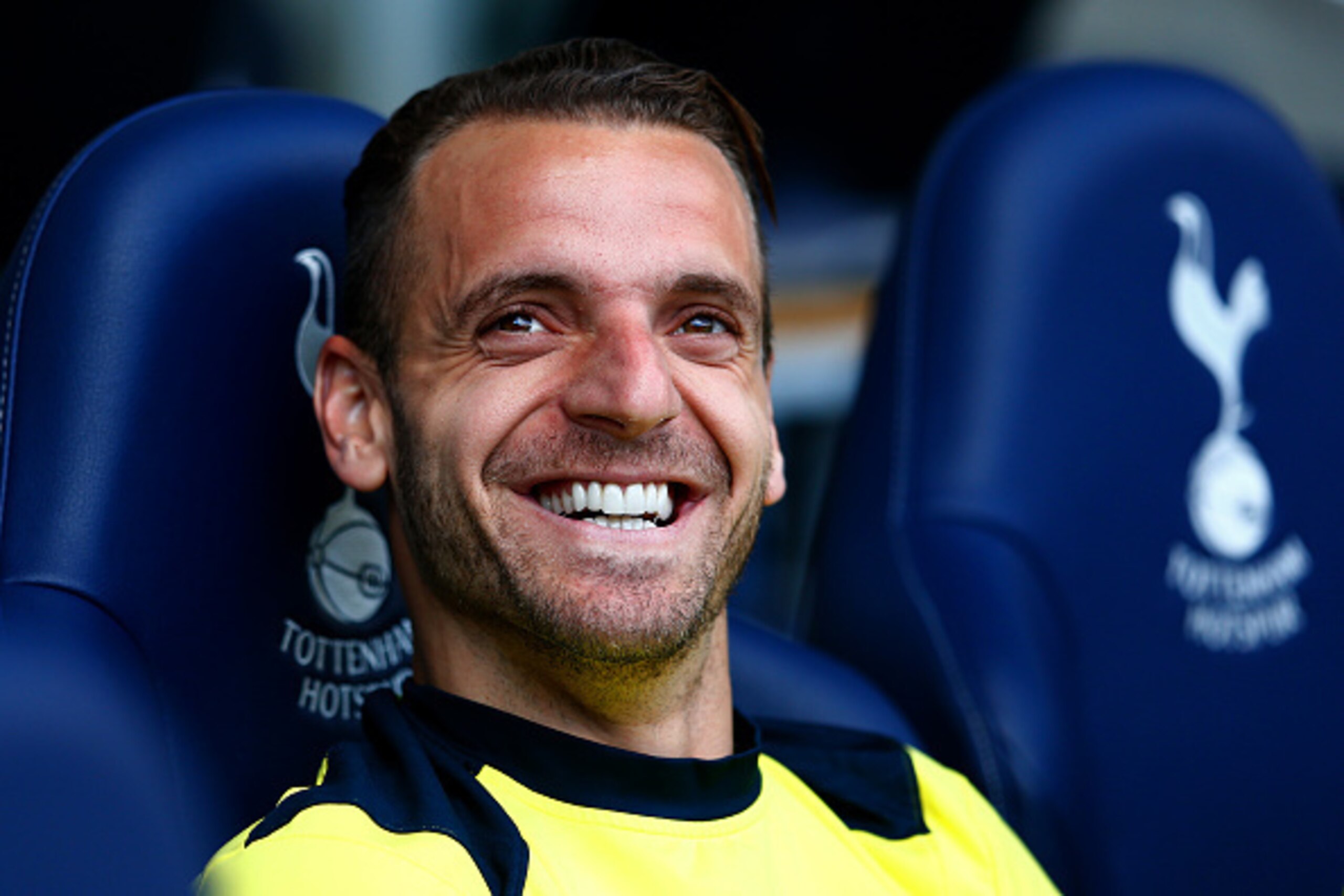 LONDON, ENGLAND - MAY 16:  Roberto Soldado of Spurs is seen on the bench prior to the Barclays Premier League match between  Tottenham Hotspur and Hull City at White Hart Lane on May 16, 2015 in London, England.  (Photo by Julian Finney/Getty Images)