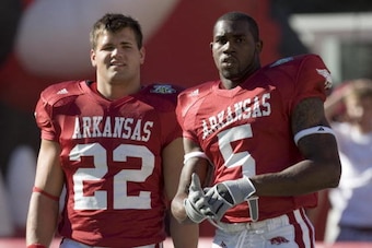 FAYETTEVILLE, AR - SEPTEMBER 1:  Peyton Hillis #22 and Darren McFadden #5 of the Arkansas Razorbacks look on before a game against the Troy Trojans at Donald W. Reynolds Stadium September 1, 2007 in Fayetteville, Arkansas.  The Razorbacks defeated the Tro