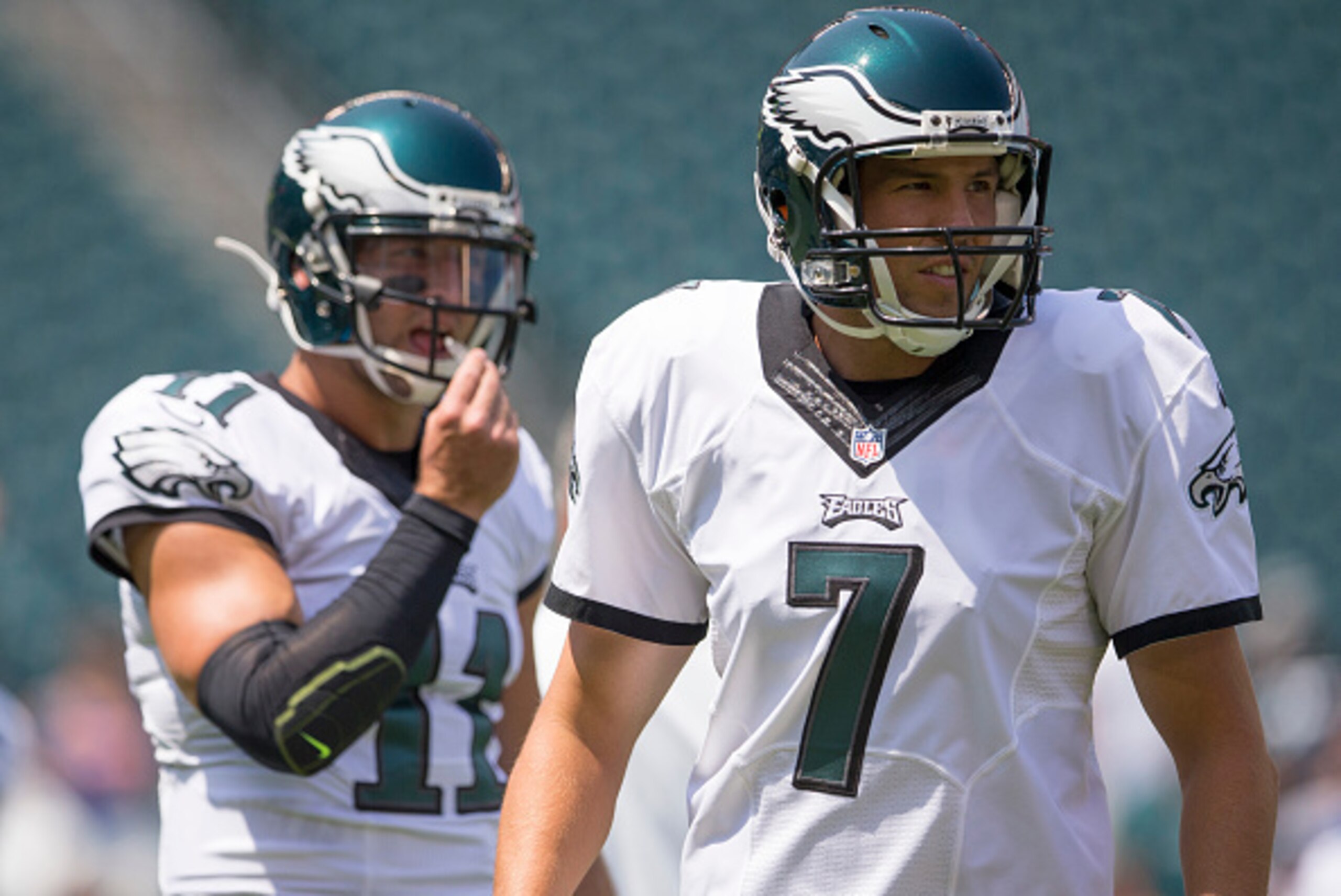 PHILADELPHIA, PA - AUGUST 16: Quarterbacks Sam Bradford #7 and Tim Tebow #11 of the Philadelphia Eagles warm up prior to the game against the Indianapolis Colts on August 16, 2015 at Lincoln Financial Field in Philadelphia, Pennsylvania.  (Photo by Mitche