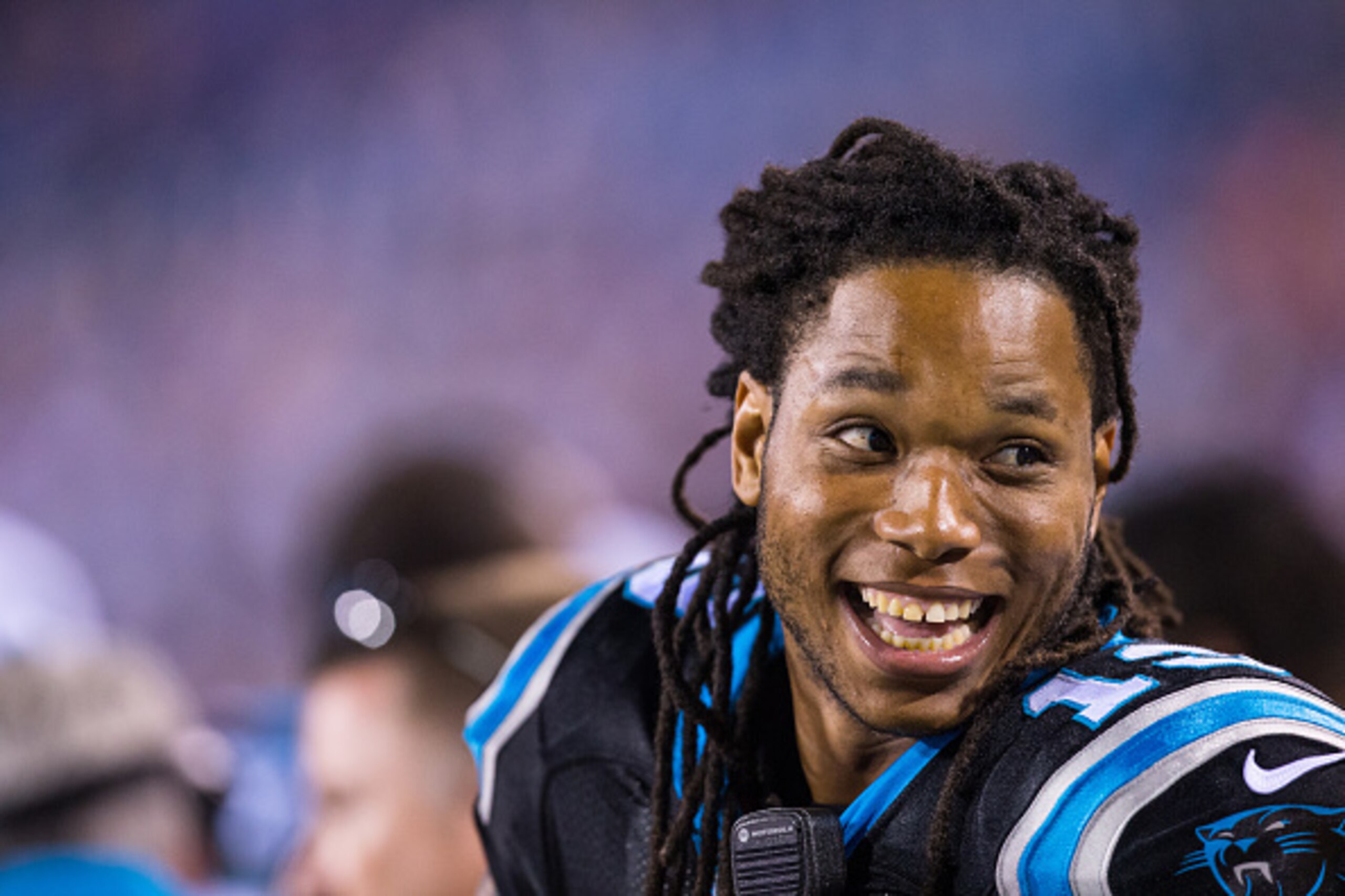 ORCHARD PARK, NY - AUGUST 14:  Kelvin Benjamin #13 of the Carolina Panthers is interviewed on the sideline during the second half against the Buffalo Bills on August 14, 2015 during a preseason game at Ralph Wilson Stadium in Orchard Park, New York.  Caro