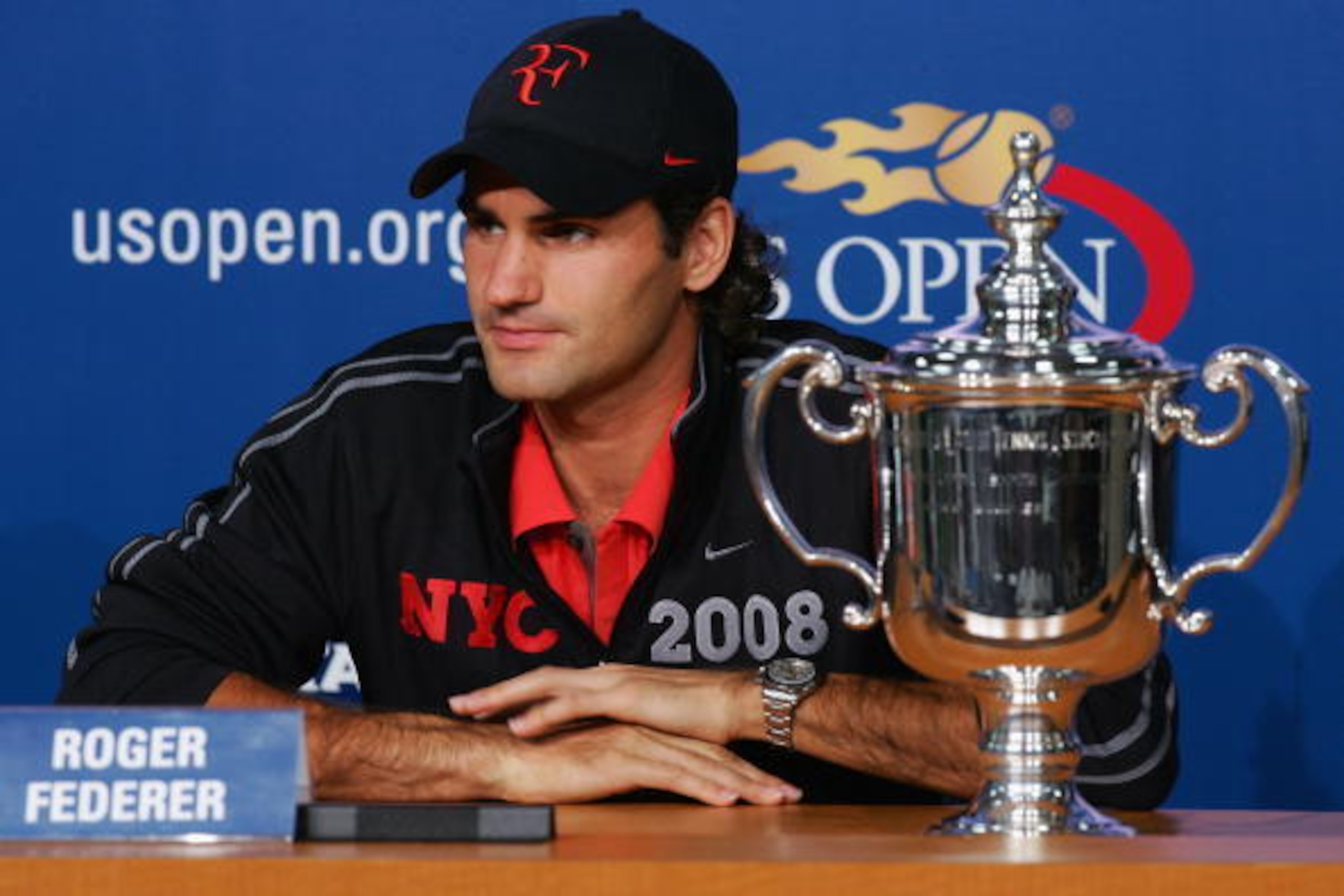 NEW YORK - SEPTEMBER 08:  Roger Federer of Switzerland speaks to the media after defeating Andy Murray of the United Kingdom during 2008 U.S. Open Men's Championship Match in Arthur Ashe Stadium at the USTA Billie Jean King National Tennis Center on Septe