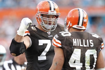 MIAMI, FL - DECEMBER 5: Joe Thomas #73 talks to Peyton Hillis #40 of the Cleveland Browns late in the fourth quarter against the Miami Dolphins on December 5, 2010 at Sun Life Stadium in Miami, Florida. The Browns defeated the Dolphins 13-10. (Photo by Jo