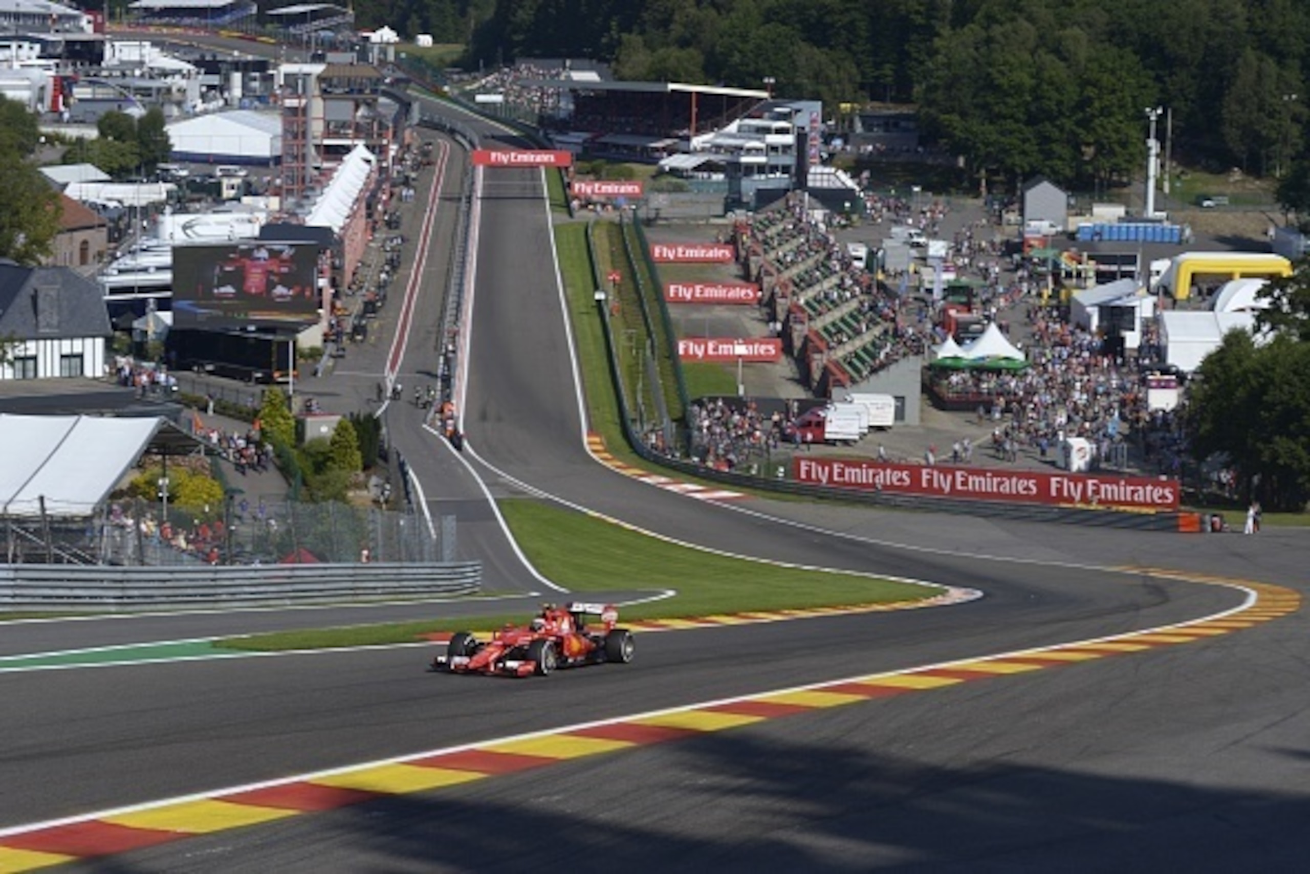 Ferrari's Finnish driver  Kimi Raikkonen   drives during the first practice session at the Spa-Francorchamps ciruit in Spa on August 21, 2015, ahead of the Belgian Formula One Grand Prix. AFP PHOTO / JOHN THYS        (Photo credit should read JOHN THYS/AF
