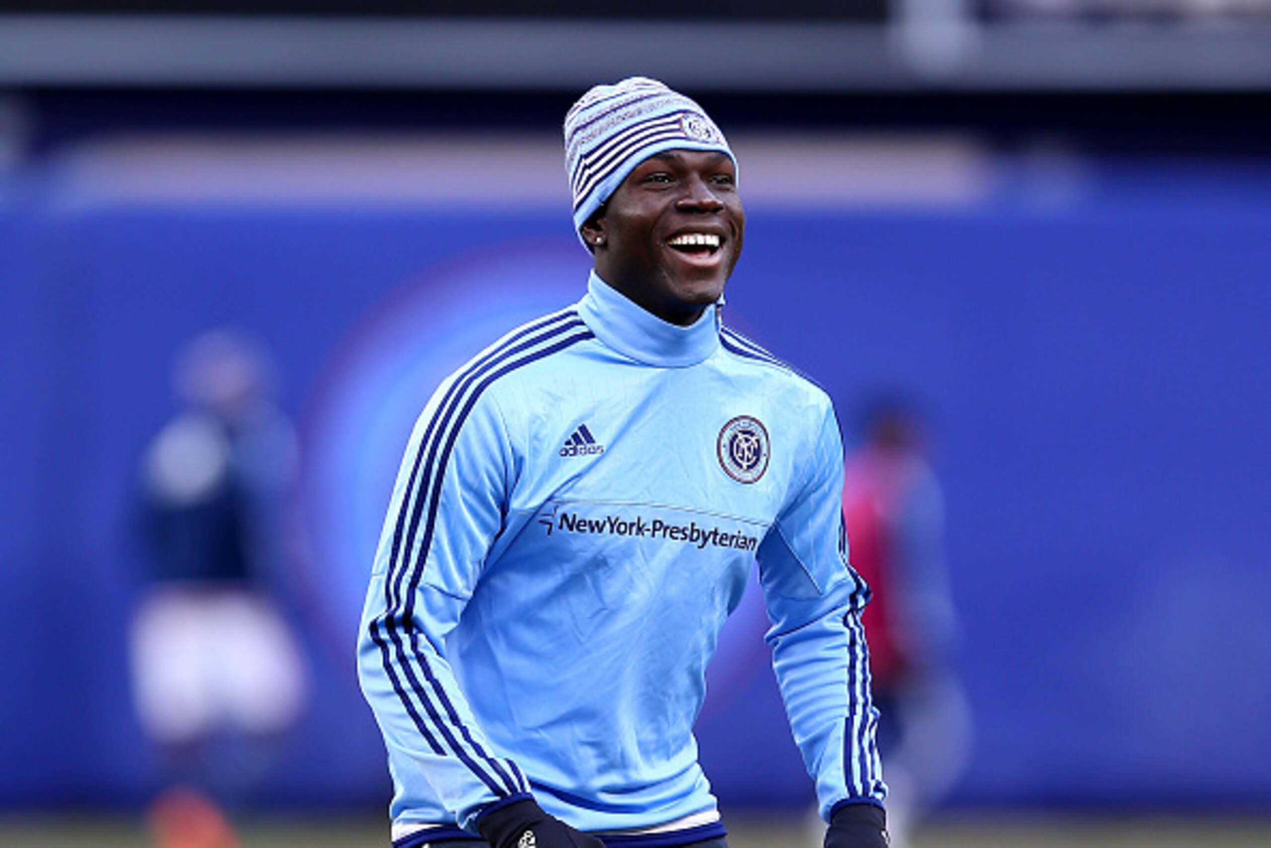 NEW YORK, NY - MARCH 15:  Kwadwo Poku #88 of New York City FC warms up before the inaugural game of the New York City FC as they take on the New England Revolution at Yankee Stadium on March 15, 2015 in the Bronx borough of New York City.  (Photo by Elsa/