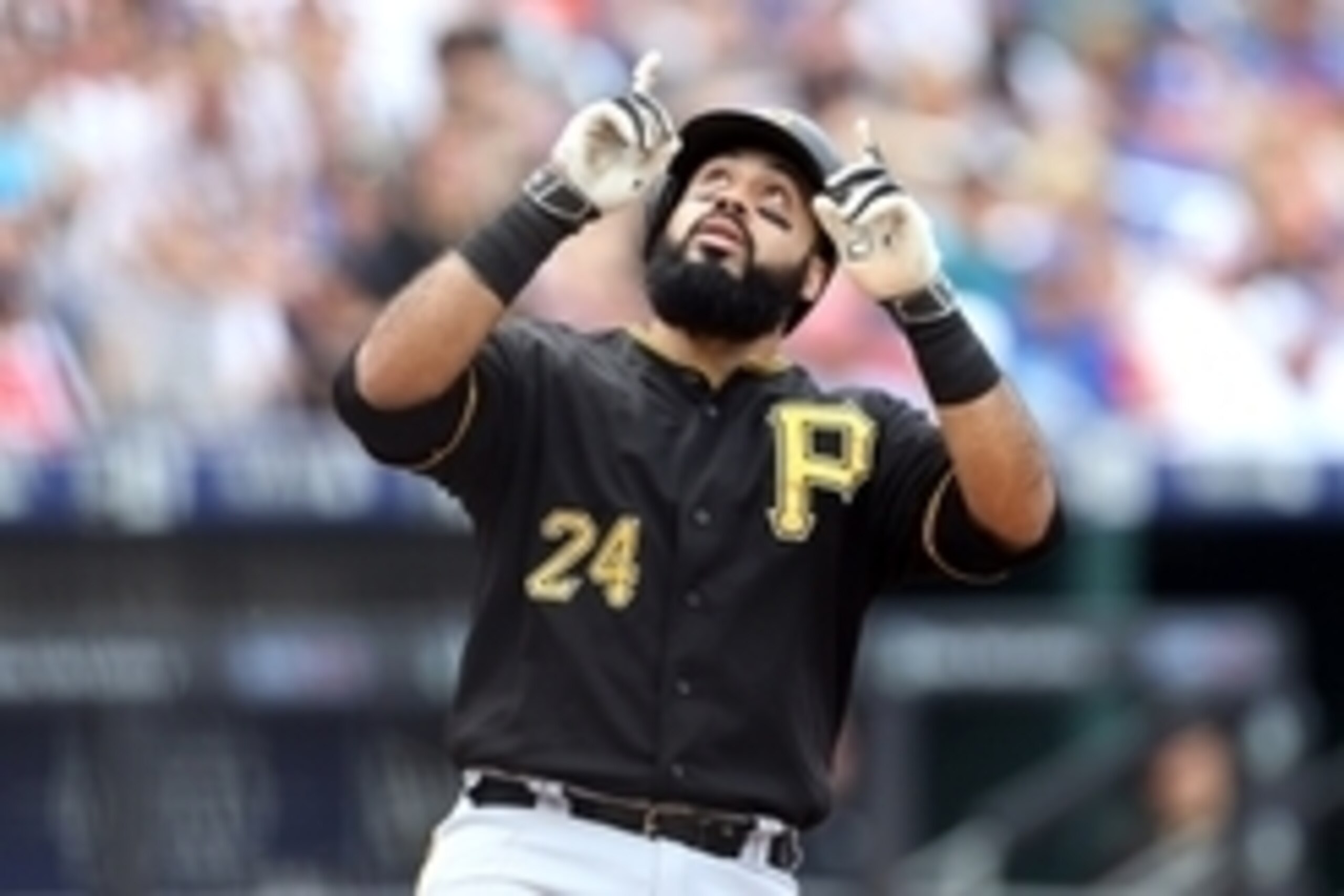 Aug 16, 2015; New York City, NY, USA; Pittsburgh Pirates first baseman Pedro Alvarez (24) celebrates after hitting a solo home run against the New York Mets during the second inning at Citi Field. Mandatory Credit: Adam Hunger-USA TODAY Sports