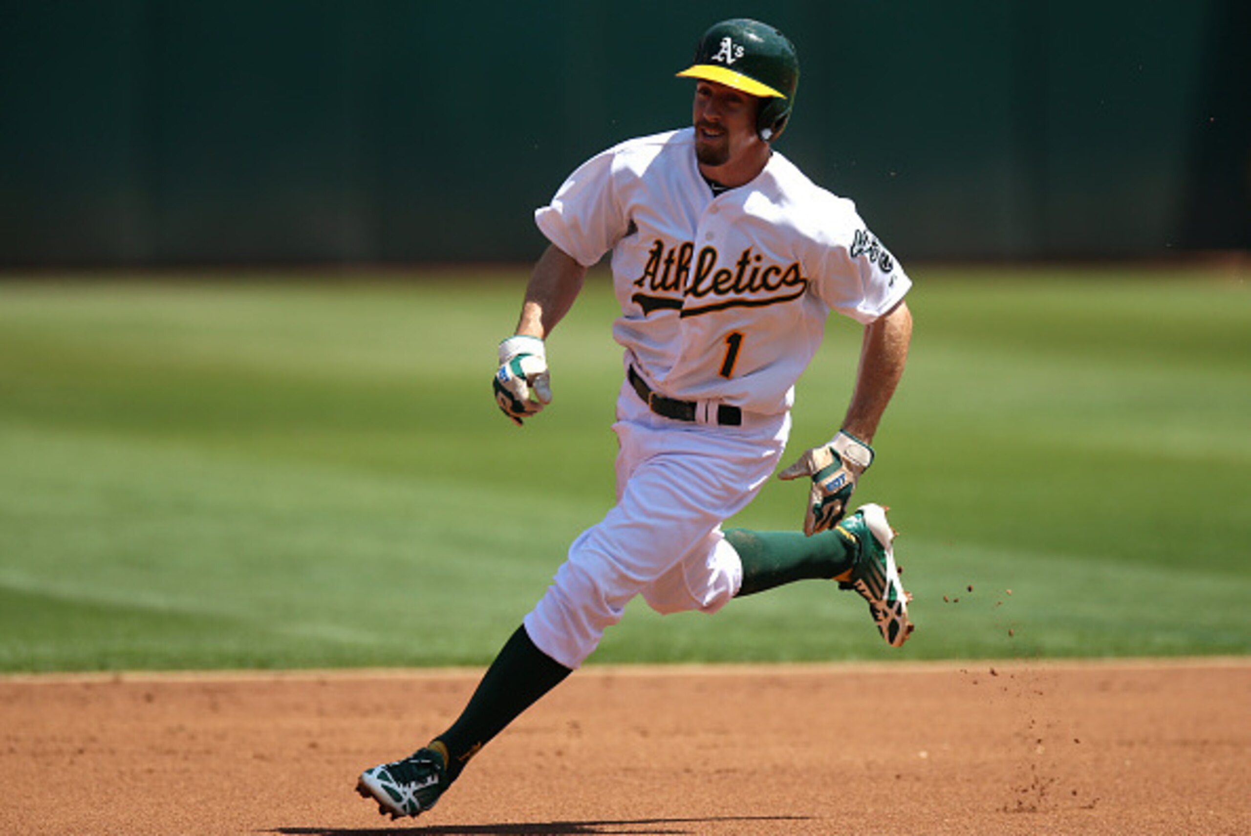 OAKLAND, CA - AUGUST 19:  Billy Burns #1 of the Oakland Athletics runs the bases against the Los Angeles Dodgers during the game at O.co Coliseum on Wednesday, August 19, 2015 in Oakland, California. (Photo by Brad Mangin/MLB Photos via Getty Images)