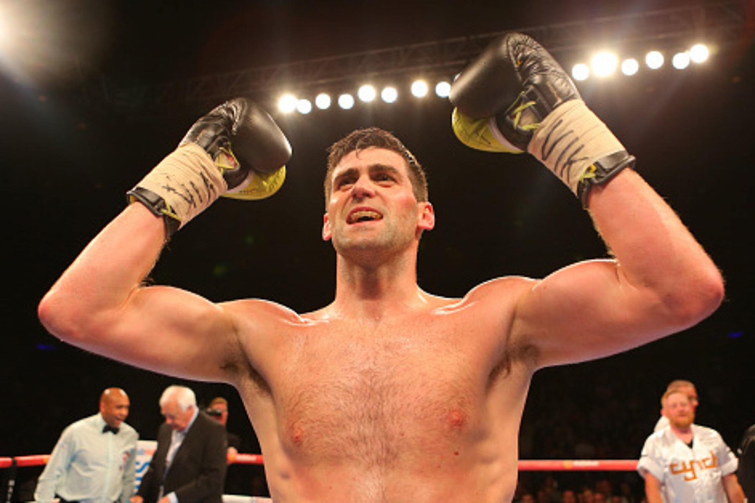 LIVERPOOL, ENGLAND - JUNE 26: Rocky Fielding celebrates beating Bryan Vera during their WBC International Super Middleweight Championship contest at the Echo Arena on June 26, 2015 in Liverpool, England. (Photo by Dave Thompson/Getty Images)