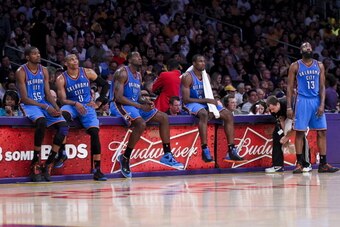LOS ANGELES, CA - MAY 19: Oklahoma City Thunder players, from left, Kevin Durant #35, Russell Westbrook #0, Kendrick Perkins #5, Serge Ibaka #9 and James Harden #13 wait to resume action against the Los Angeles Lakers in Game Four of the Western Conferenc