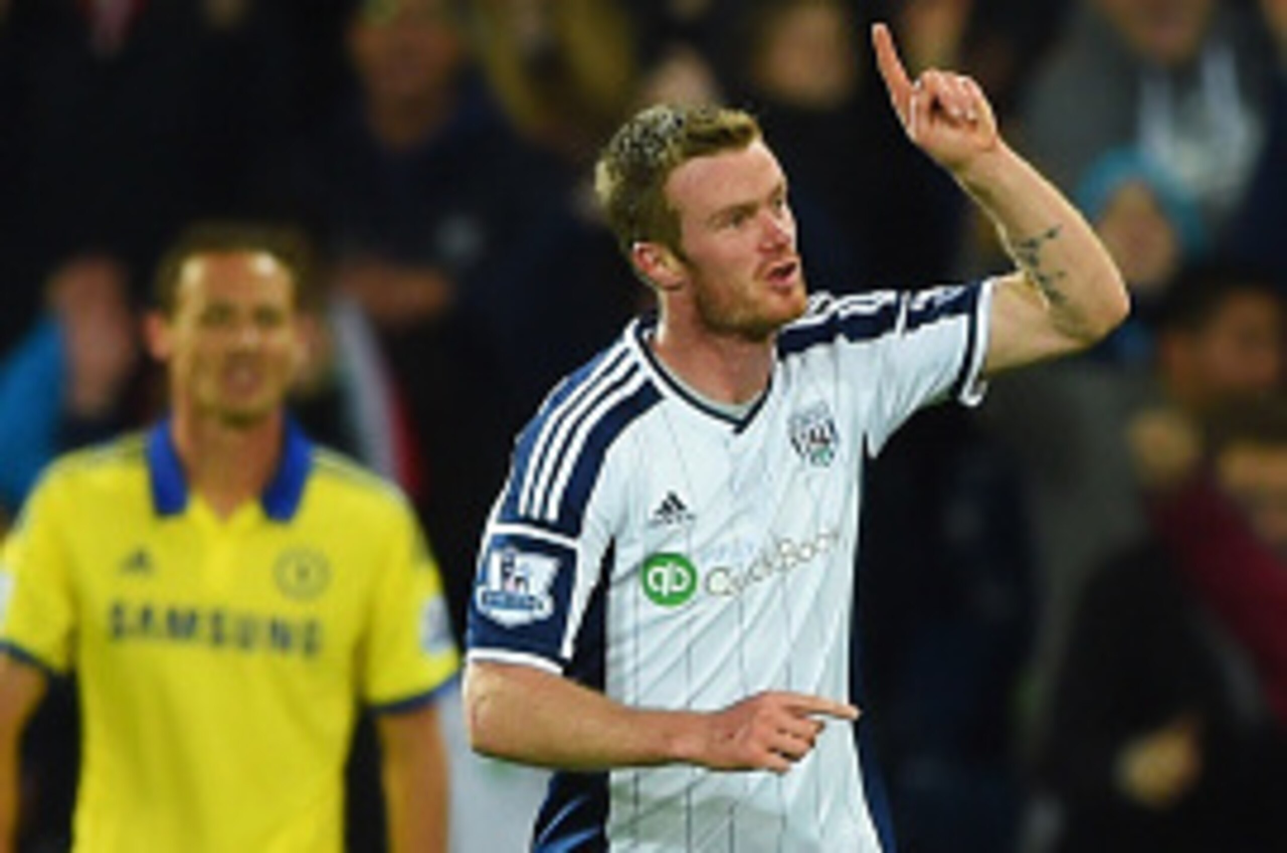 WEST BROMWICH, ENGLAND - MAY 18:  Chris Brunt of West Bromwich Albion celebrates as he scores their third goal during the Barclays Premier League match between West Bromwich Albion and Chelsea at The Hawthorns on May 18, 2015 in West Bromwich, England.  (