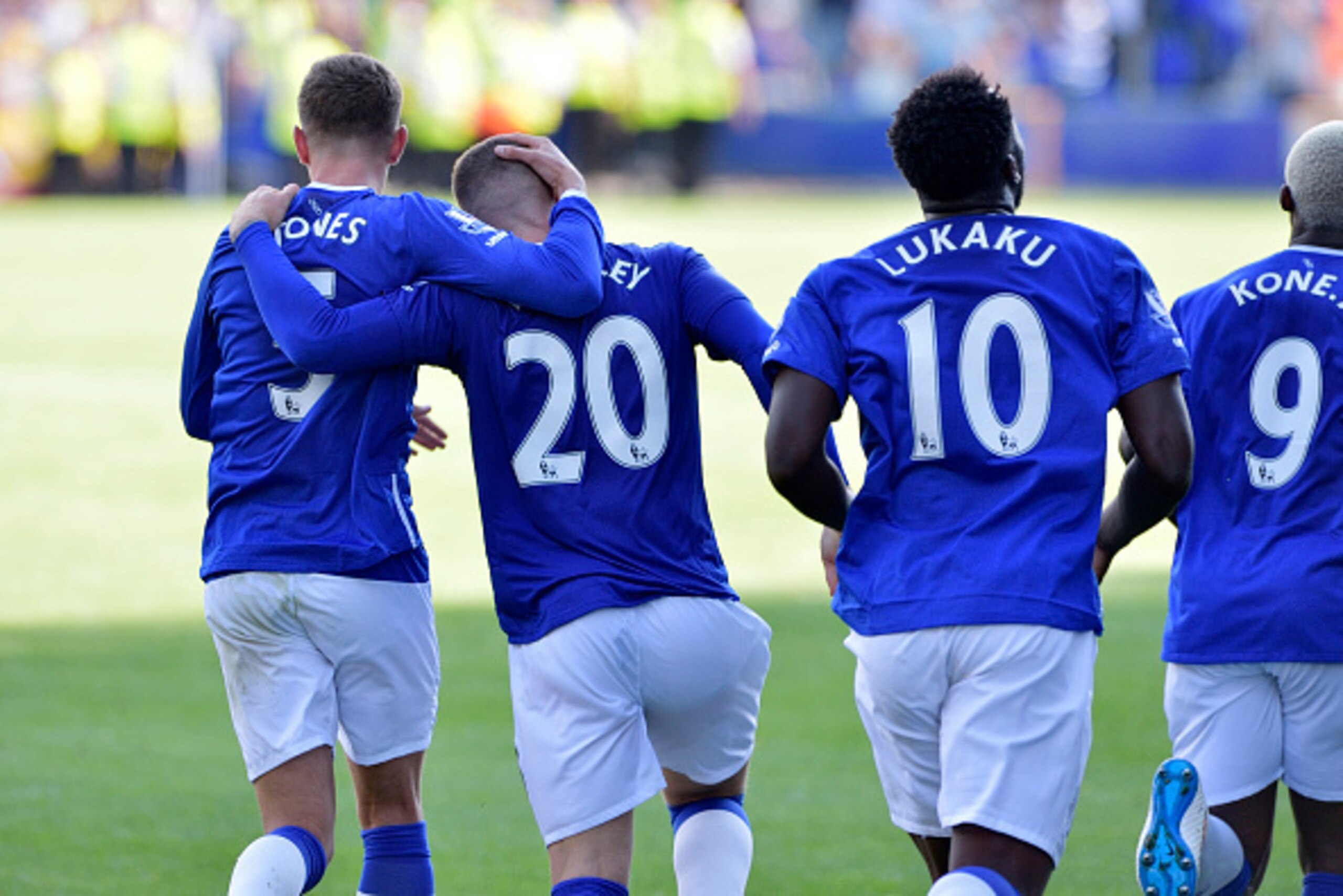LIVERPOOL, ENGLAND - AUGUST 08:  Ross Barkley being congratulated by John Stones after scoring against during the Premier League match between Everton and Watford at Goodison Park on August 08, 2015 in Liverpool, England.  (Photo by Tony McArdle/Everton F