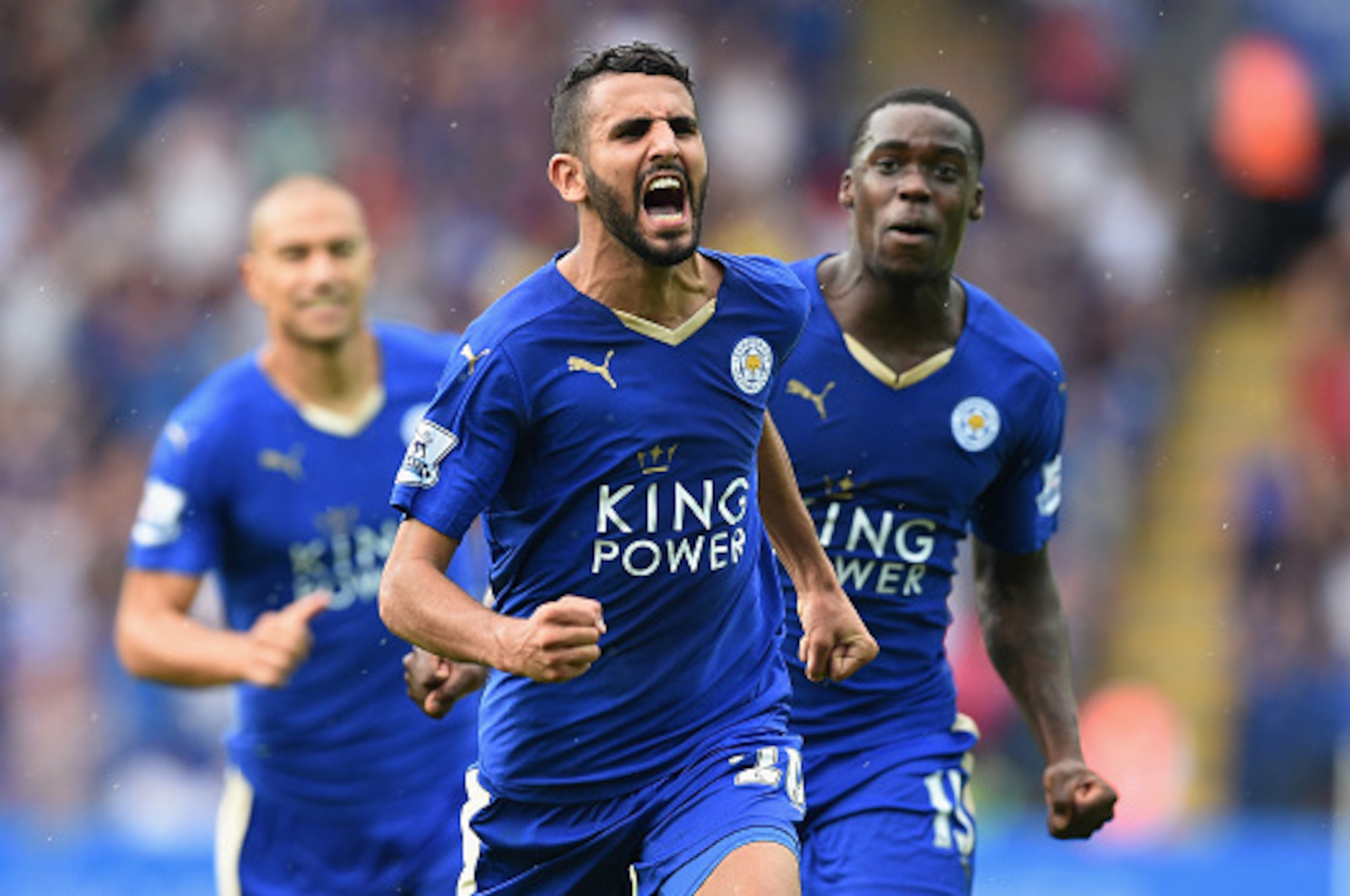 LEICESTER, ENGLAND - AUGUST 22:  Riyad Mahrez of Leicester City celebrates scoring his team's first goal  during the Barclays Premier League match between Leicester City and Tottenham Hotspur at The King Power Stadium on August 22, 2015 in Leicester, Engl