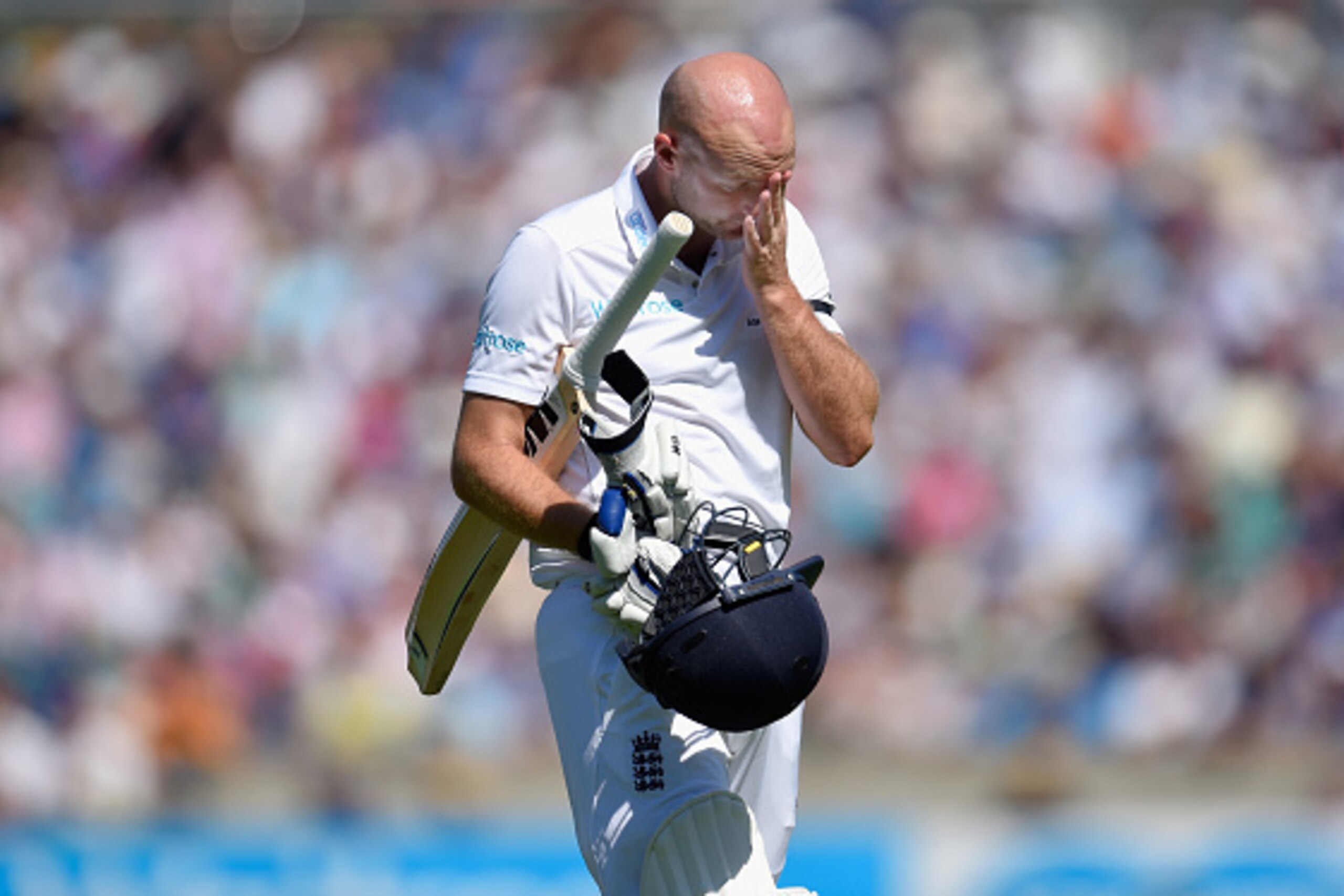 LONDON, ENGLAND - AUGUST 22:  England batsman Adam Lyth reacts after being dismissed during day three of the 5th Investec Ashes Test match between England and Australia at The Kia Oval on August 22, 2015 in London, United Kingdom.  (Photo by Stu Forster/G
