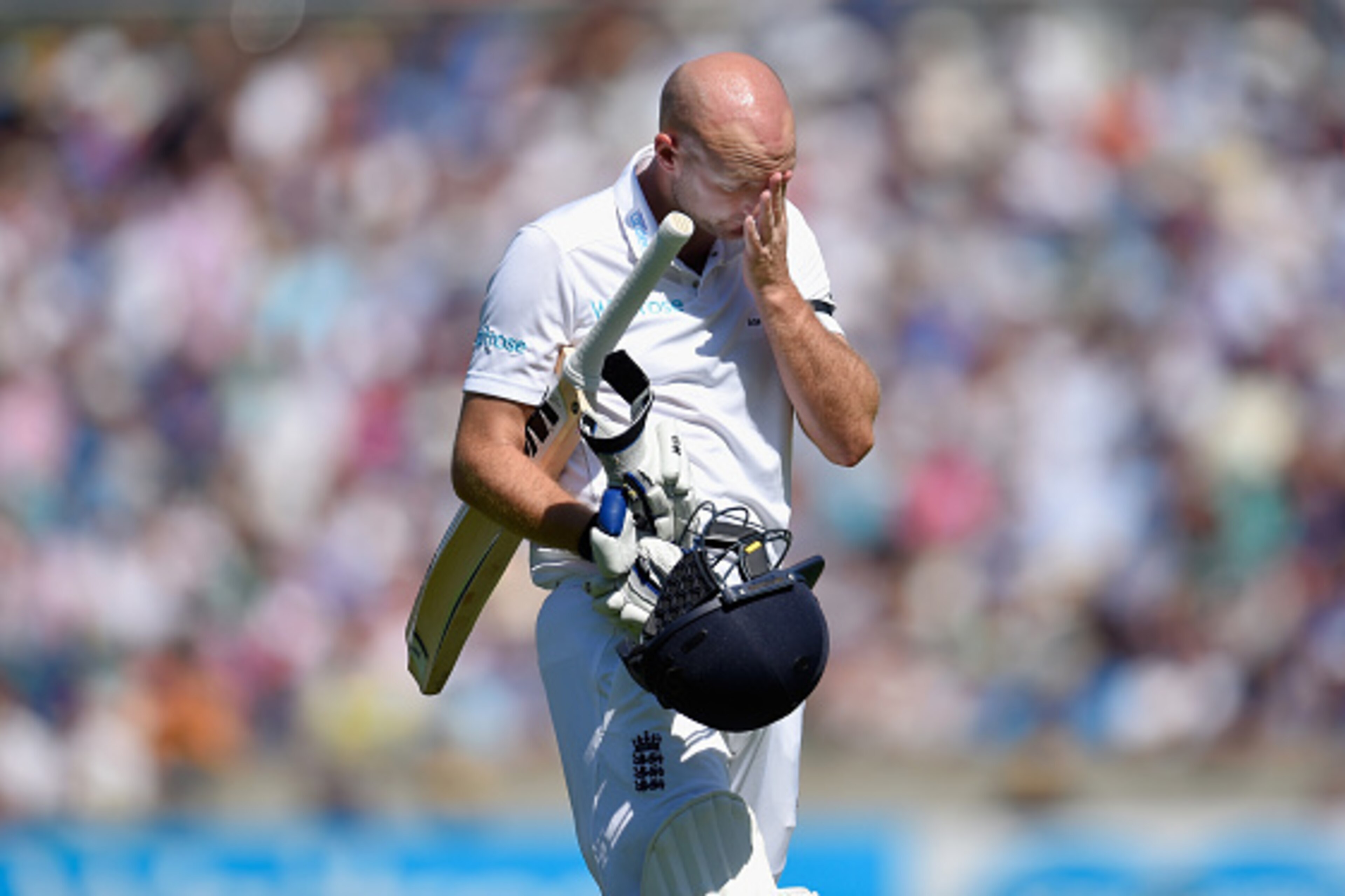 LONDON, ENGLAND - AUGUST 22:  England batsman Adam Lyth reacts after being dismissed during day three of the 5th Investec Ashes Test match between England and Australia at The Kia Oval on August 22, 2015 in London, United Kingdom.  (Photo by Stu Forster/G