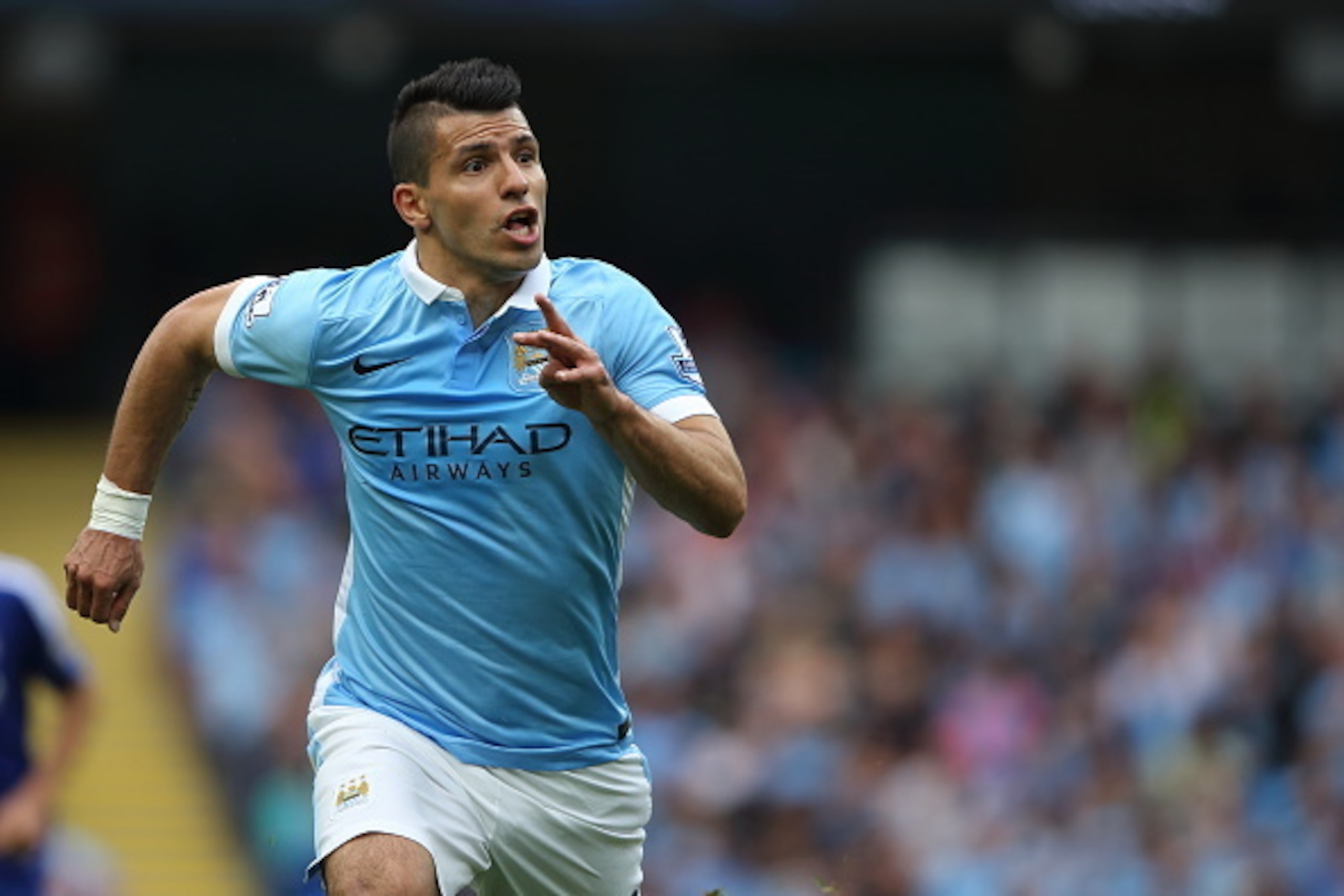 MANCHESTER, ENGLAND - AUGUST 16:  Sergio Aguero of Manchester City during the Barclays Premier League match between Manchester City and Chelsea at the Etihad Stadium on August 16, 2015 in Manchester, England.  (Photo by Matthew Ashton - AMA/Getty Images)