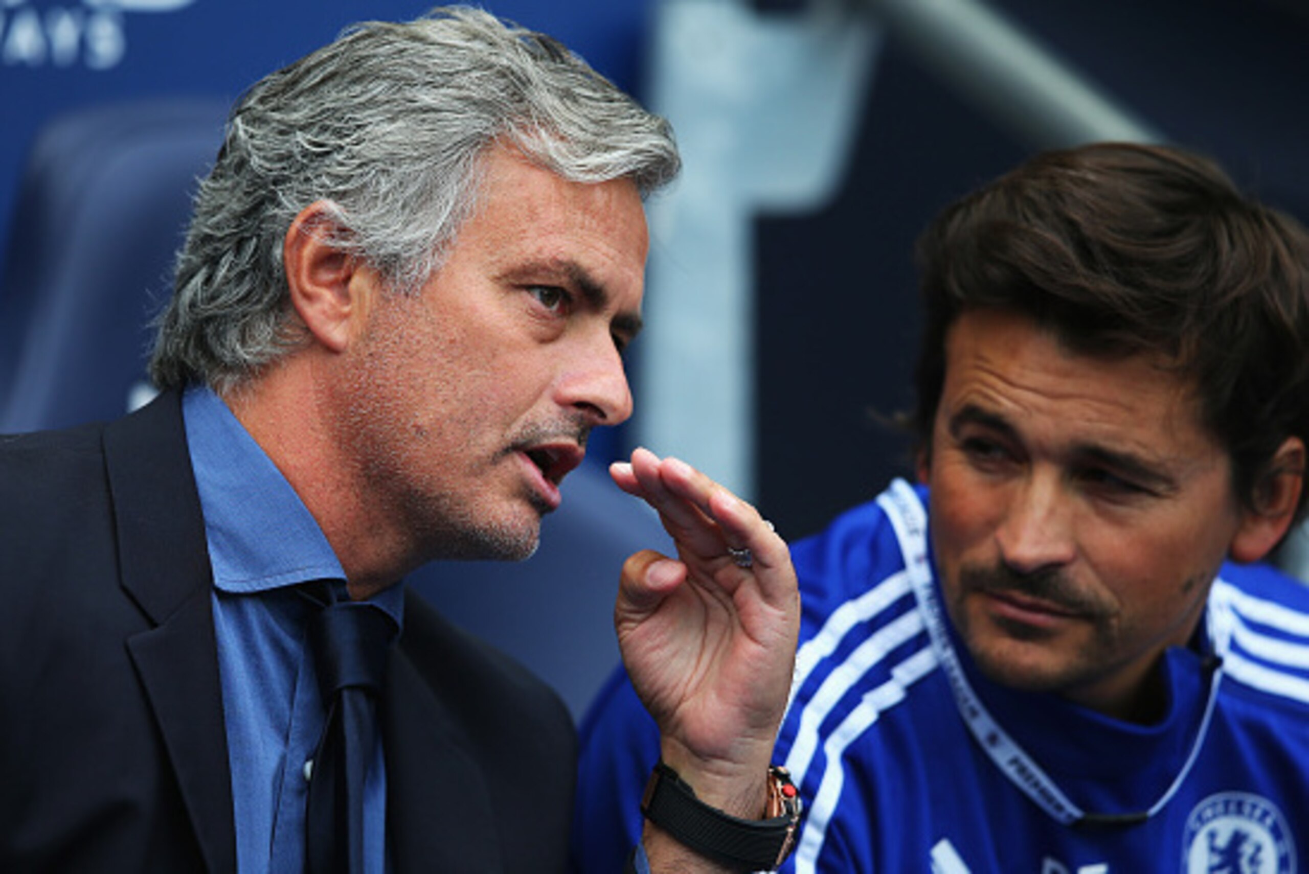 MANCHESTER, ENGLAND - AUGUST 16:  Jose Mourinho, manager of Chelsea talks to Rui Faria, assistant first team coach during the Barclays Premier League match between Manchester City and Chelsea at the Etihad Stadium on August 16, 2015 in Manchester, England
