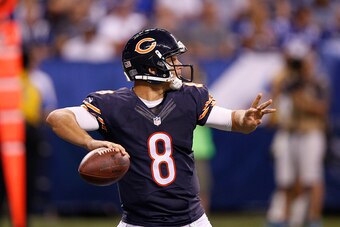 INDIANAPOLIS, IN - AUGUST 22: Jimmy Clausen #8 of the Chicago Bears passes the ball against the Indianapolis Colts in the second half of a preseason game at Lucas Oil Stadium on August 22, 2015 in Indianapolis, Indiana. (Photo by Joe Robbins/Getty Images)