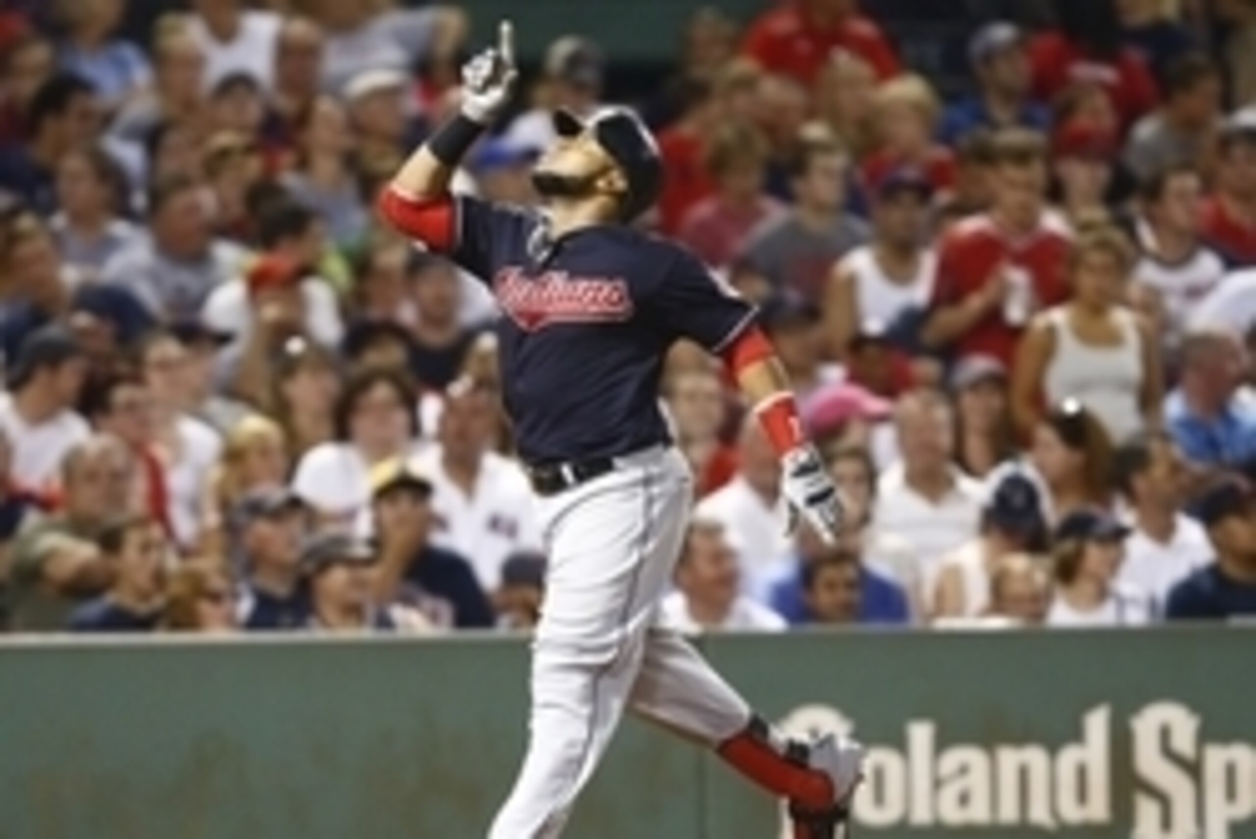 Aug 17, 2015; Boston, MA, USA; Cleveland Indians first baseman Carlos Santana (41) celebrates a home run against the Boston Red Sox during the fifth inning at Fenway Park. Mandatory Credit: Mark L. Baer-USA TODAY Sports