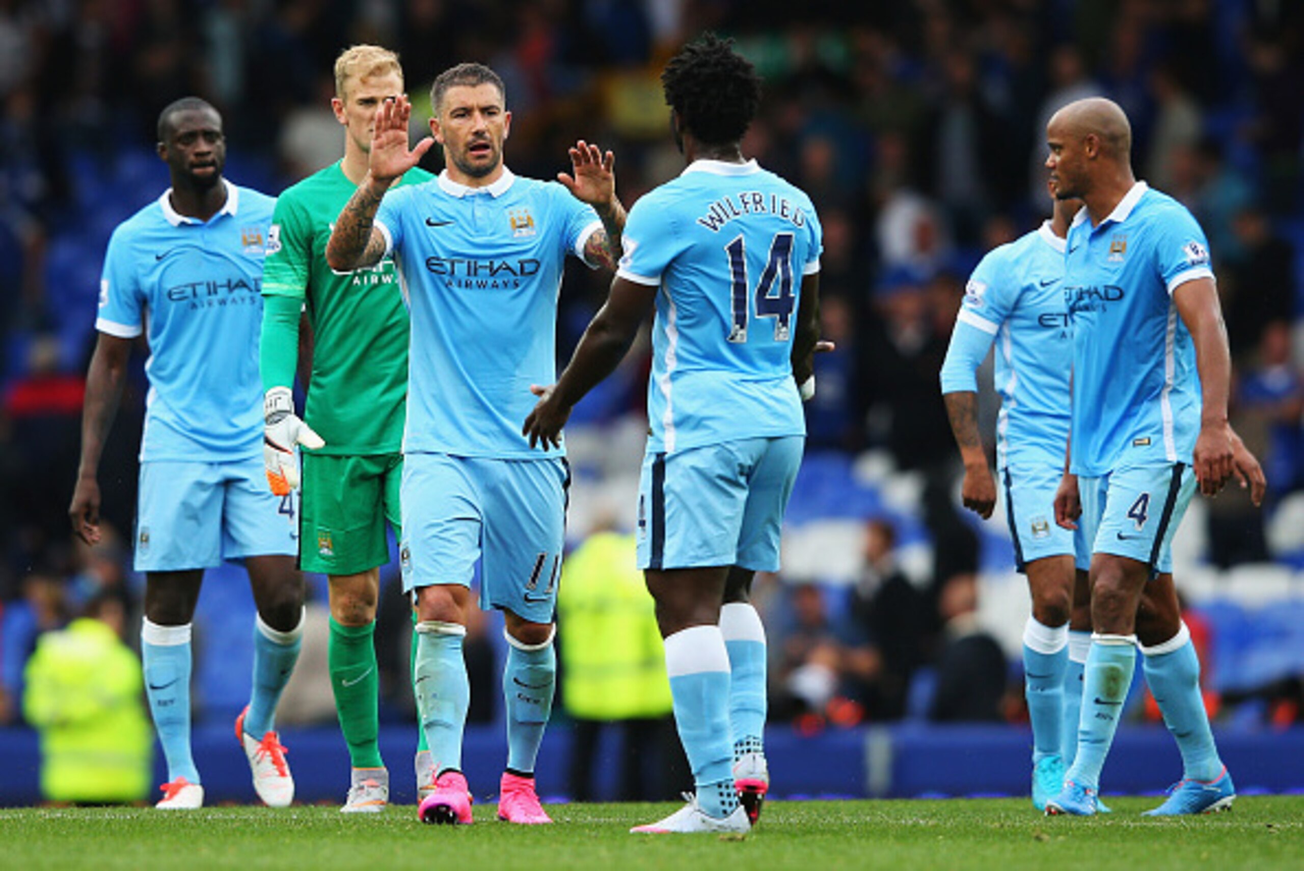 LIVERPOOL, ENGLAND - AUGUST 23: Aleksandar Kolarov of Manchester City celebrates with Wilfried Bony of Manchester City after the Barclays Premier League match between Everton and Manchester City at Goodison Park on August 23, 2015 in Liverpool, England. LIVERPOOL, ENGLAND - AUGUST 23: Aleksandar Kolarov of Manchester City celebrates with Wilfried Bony of Manchester City after the Barclays Premier League match between Everton and Manchester City at Goodison Park on August 23, 2015 in Liverpool, England.