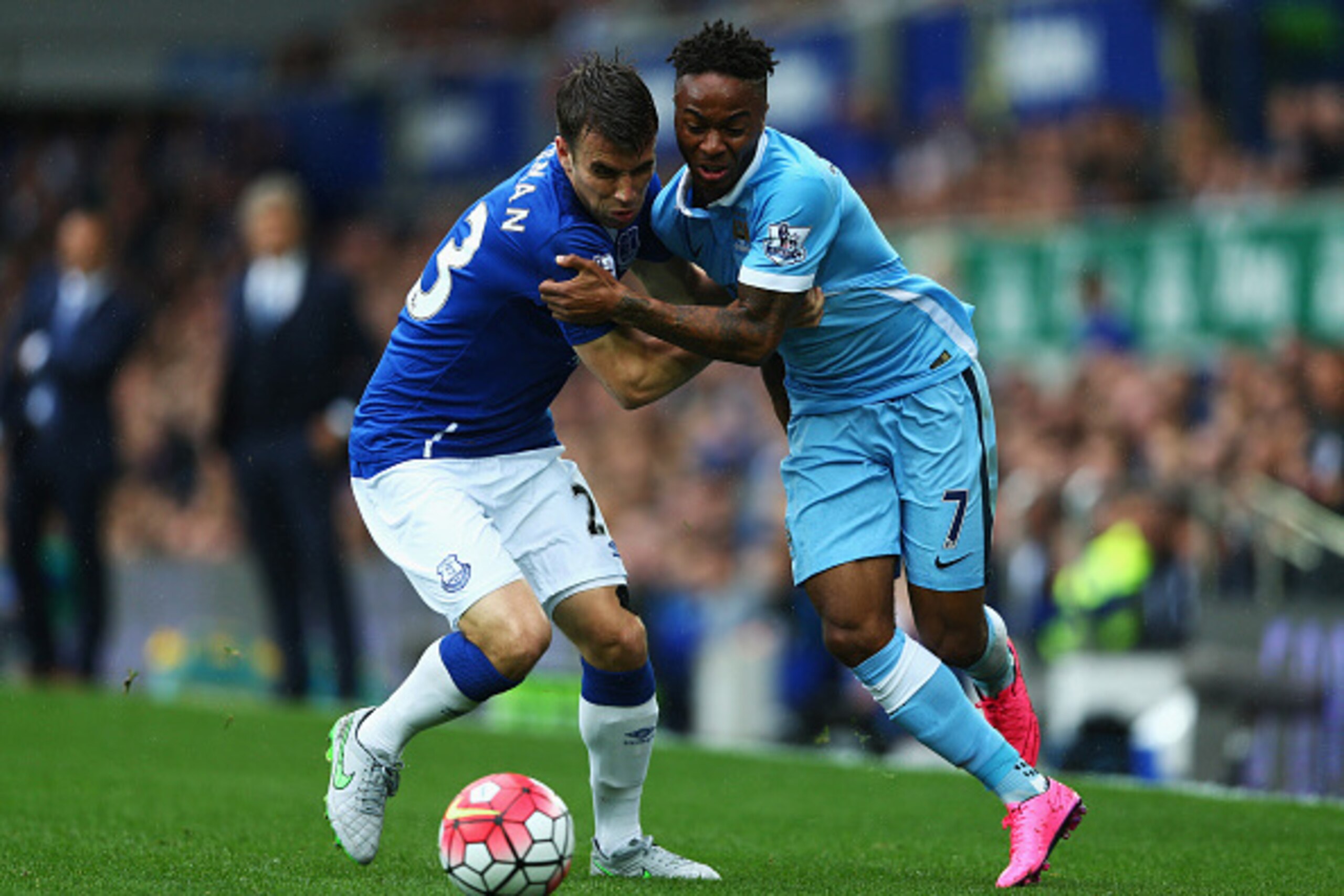 LIVERPOOL, ENGLAND - AUGUST 23: Raheem Sterling of Manchester City takes on Seamus Coleman of Everton during the Barclays Premier League match between Everton and Manchester City at Goodison Park on August 23, 2015 in Liverpool, England. (Photo by Clive LIVERPOOL, ENGLAND - AUGUST 23: Raheem Sterling of Manchester City takes on Seamus Coleman of Everton during the Barclays Premier League match between Everton and Manchester City at Goodison Park on August 23, 2015 in Liverpool, England. (Photo by Clive