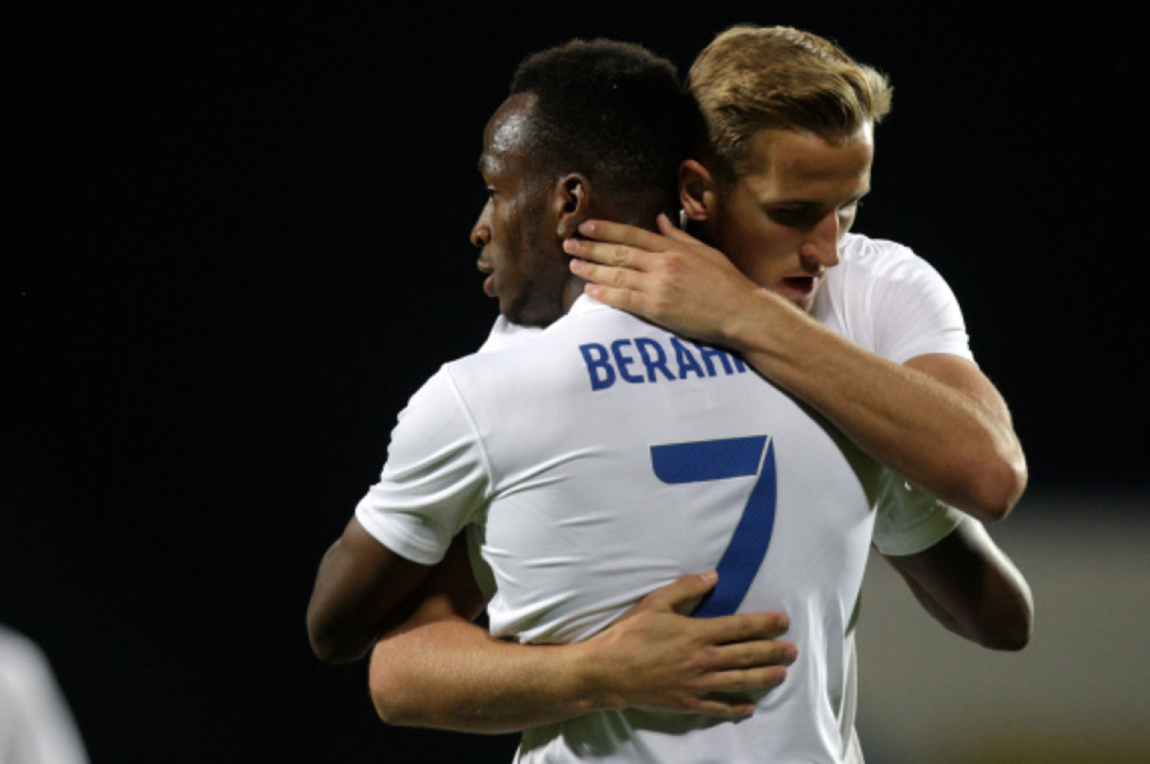 TIRASPOL, MOLDOVA - SEPTEMBER 9:  Harry Kane and Saido Berahino of England after the second goal during the Moldova v England UEFA U21 Championship Qualifier 2015 match at Stadionul Sheriff on September 9, 2014 in Tiraspol, Moldova. (Photo by Getty Images