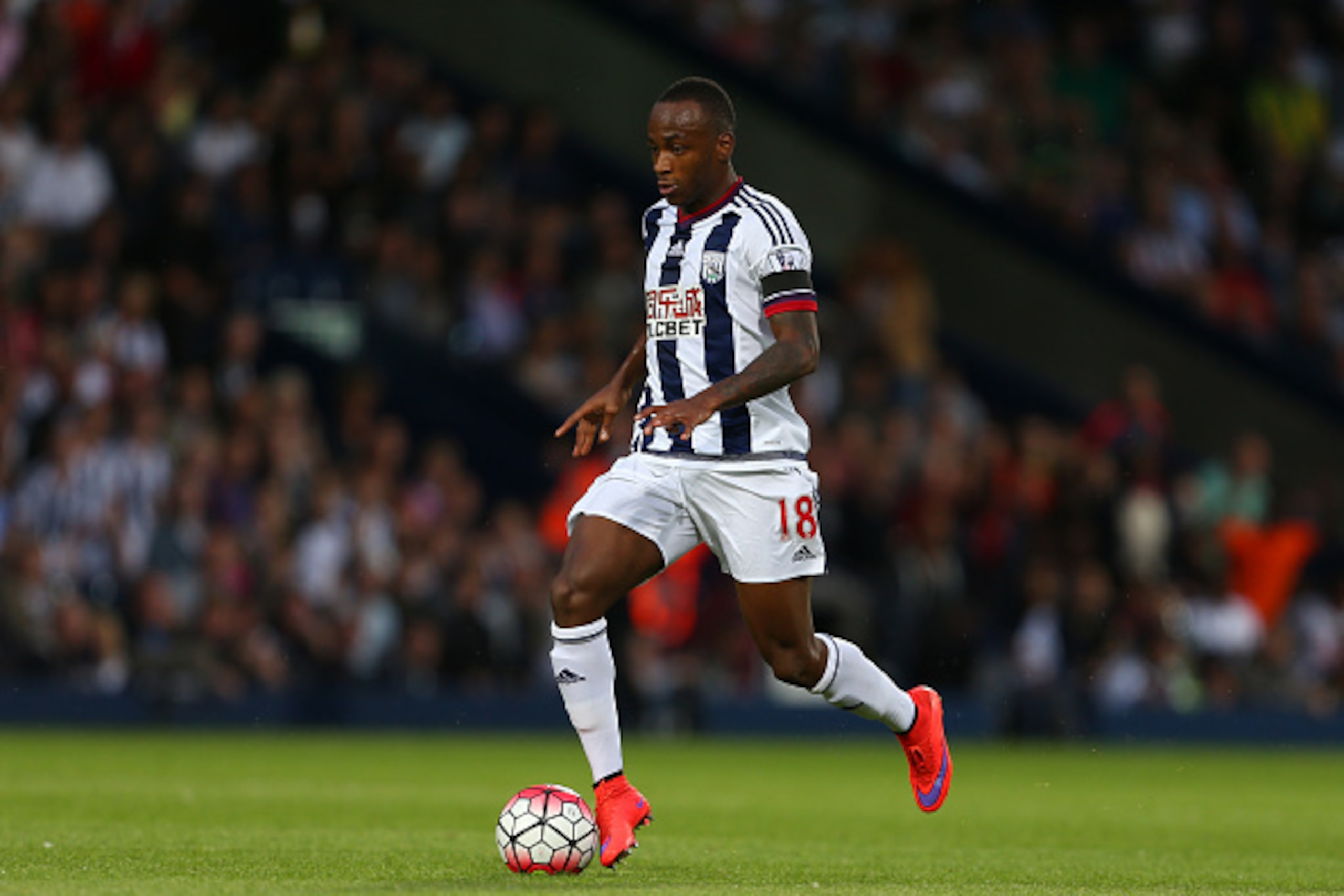 WEST BROMWICH, ENGLAND - AUGUST 10: Saido Berahino of West Bromwich Albion during the Barclays Premier League match between West Bromwich Albion and Manchester City at The Hawthorns  on August 10, 2015 in West Bromwich, England.  (Photo by Catherine Ivill