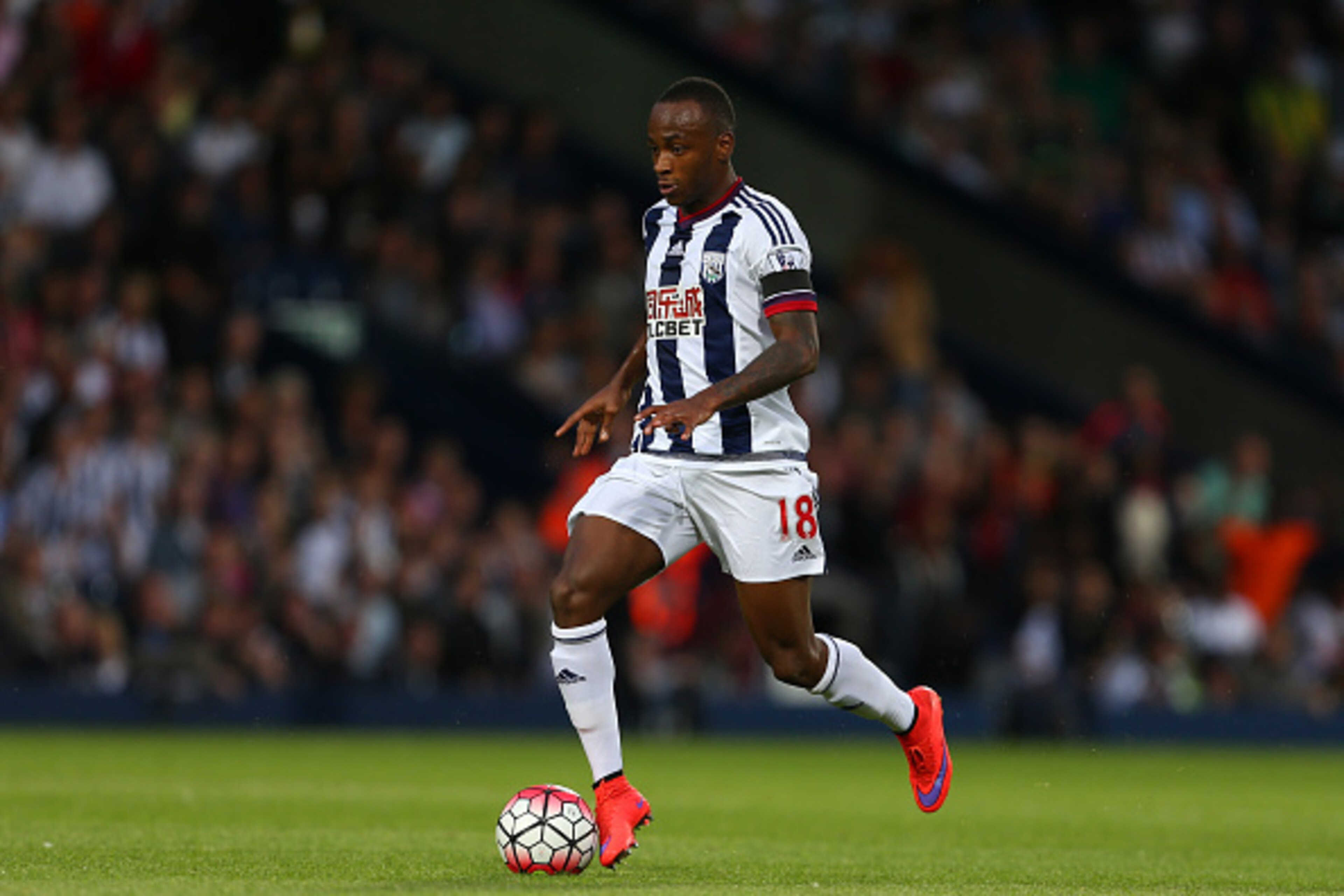 WEST BROMWICH, ENGLAND - AUGUST 10: Saido Berahino of West Bromwich Albion during the Barclays Premier League match between West Bromwich Albion and Manchester City at The Hawthorns  on August 10, 2015 in West Bromwich, England.  (Photo by Catherine Ivill