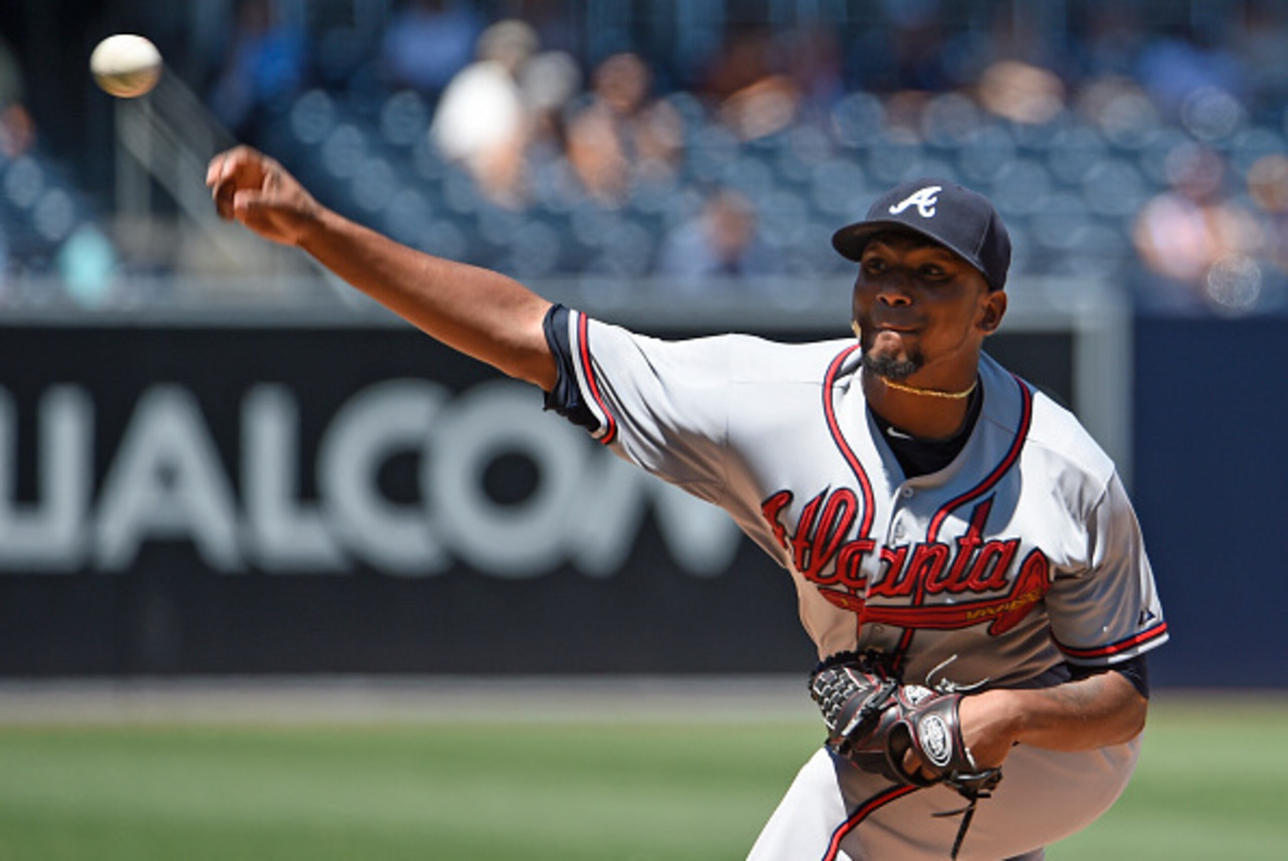 SAN DIEGO, CA - AUGUST 19:  Julio Teheran #49 of the Atlanta Braves pitches during the first inning of a baseball game against the San Diego Padres at Petco Park August 19, 2015 in San Diego, California.  (Photo by Denis Poroy/Getty Images)
