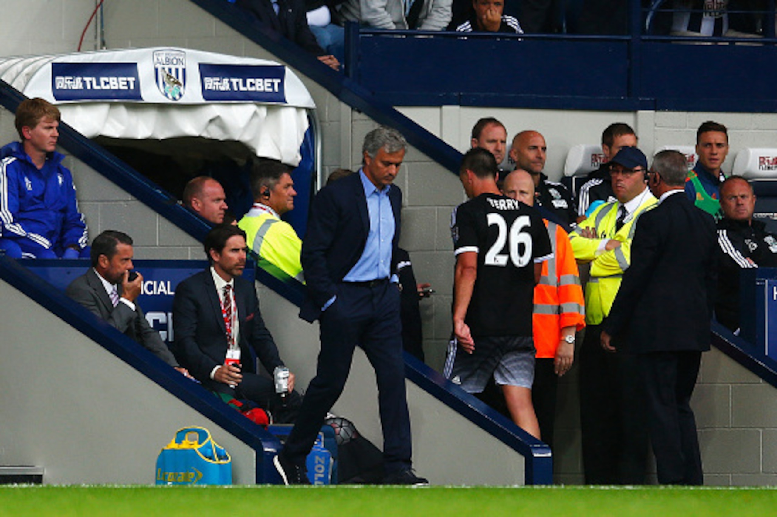 WEST BROMWICH, ENGLAND - AUGUST 23:  John Terry of Chelsea leaves the pitch after being sent off as Jose Mourinho, manager of Chelsea looks on during the Barclays Premier League match between West Bromwich Albion and Chelsea at The Hawthorns on August 23,