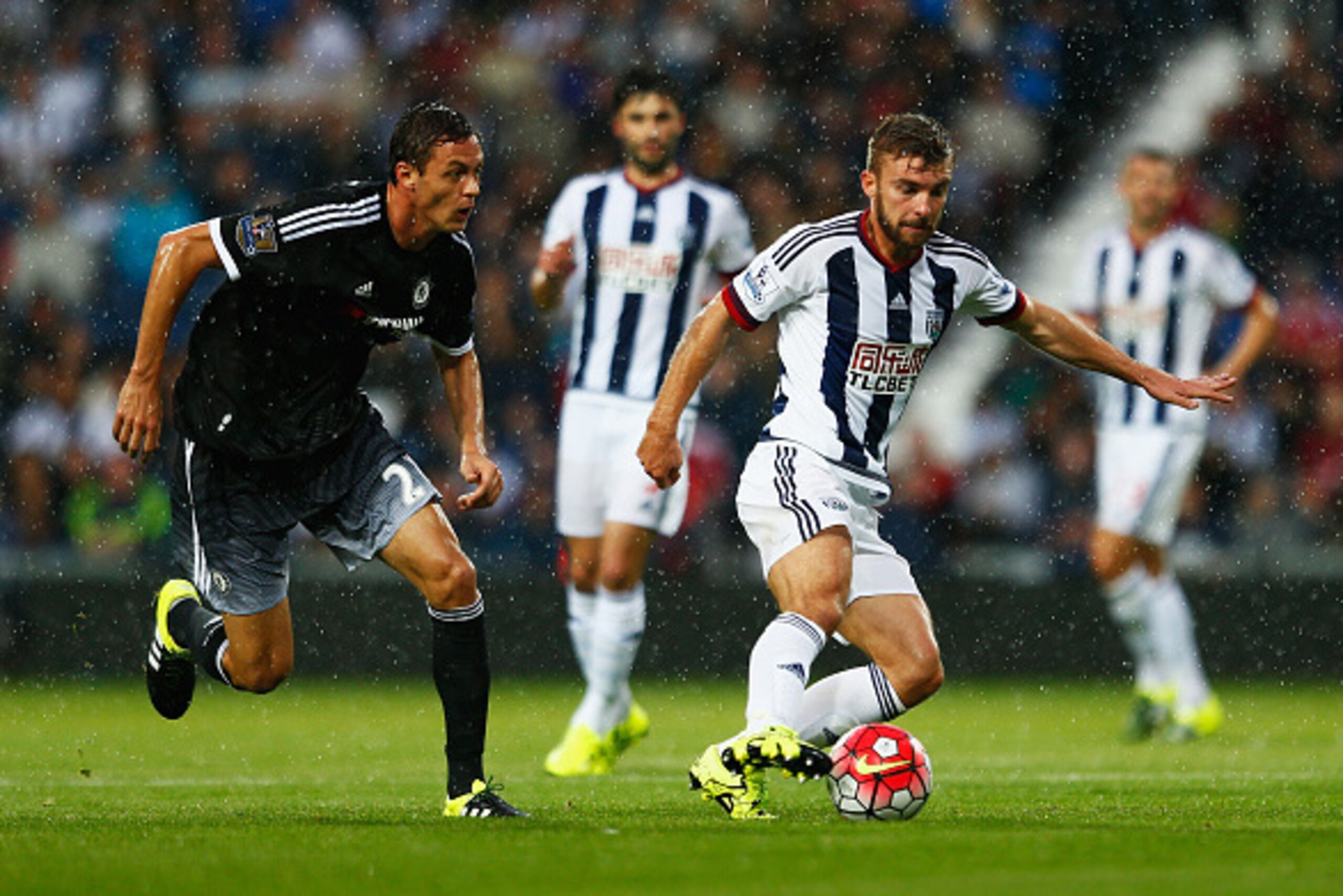 WEST BROMWICH, ENGLAND - AUGUST 23:  James Morrison of West Bromwich Albion is closed down by Nemanja Matic of Chelsea during the Barclays Premier League match between West Bromwich Albion and Chelsea at The Hawthorns on August 23, 2015 in West Bromwich, 