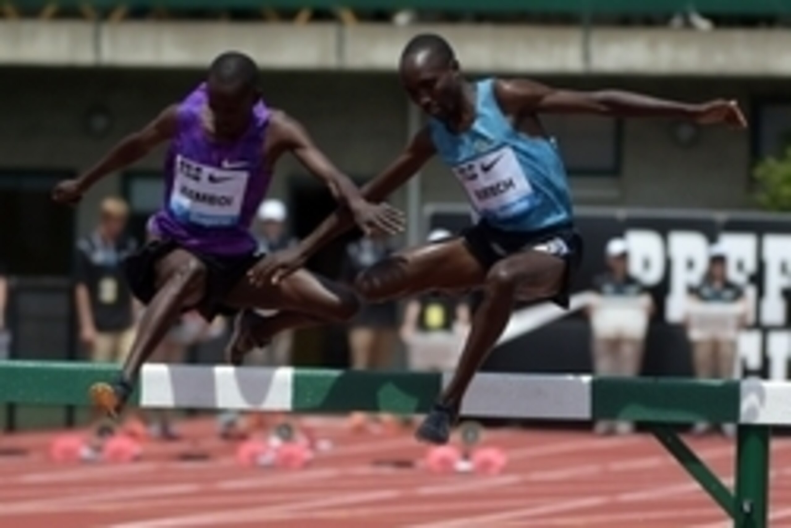 May 30, 2015; Eugene, OR, USA; Ezekiel Kemboi (KEN) defeats Jairus Birech (KEN) to win the steeplechase, 8:01.71 to 8:01.83, during the 41st Prefontaine Classic at Hayward Field. Mandatory Credit: Kirby Lee-USA TODAY Sports
