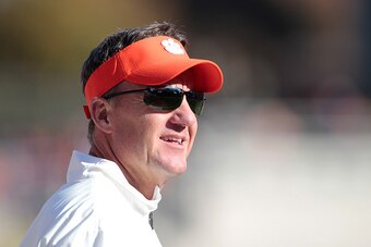 CLEMSON, SC - NOVEMBER 22: Offensive Coordinator Chad Morris of the Clemson Tigers looks on during warm ups prior to the game against the Georgia State Panthers at Memorial Stadium on November 22, 2014 in Clemson, South Carolina. (Photo by Tyler Smith/Get