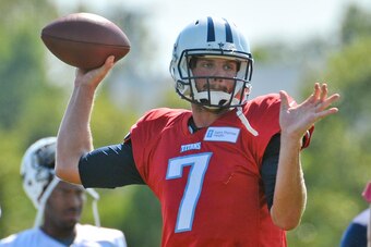 Aug 21, 2015; Nashville, TN, USA; Tennessee Titans quarterback Zach Mettenberger (7) passes during training camp at Saint Thomas Sports Park. Mandatory Credit: Jim Brown-USA TODAY Sports