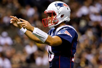 Aug 22, 2015; New Orleans, LA, USA; New England Patriots quarterback Jimmy Garoppolo (10) against the New Orleans Saints during the second half of a preseason game at the Mercedes-Benz Superdome. The Patriots defeated the Saints 26-24. Mandatory Credit: D