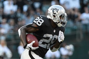 August 14, 2015; Oakland, CA, USA; Oakland Raiders running back Latavius Murray (28) runs with the football against the St. Louis Rams during the first quarter in a preseason NFL football game at O.co Coliseum. Mandatory Credit: Kyle Terada-USA TODAY Spor
