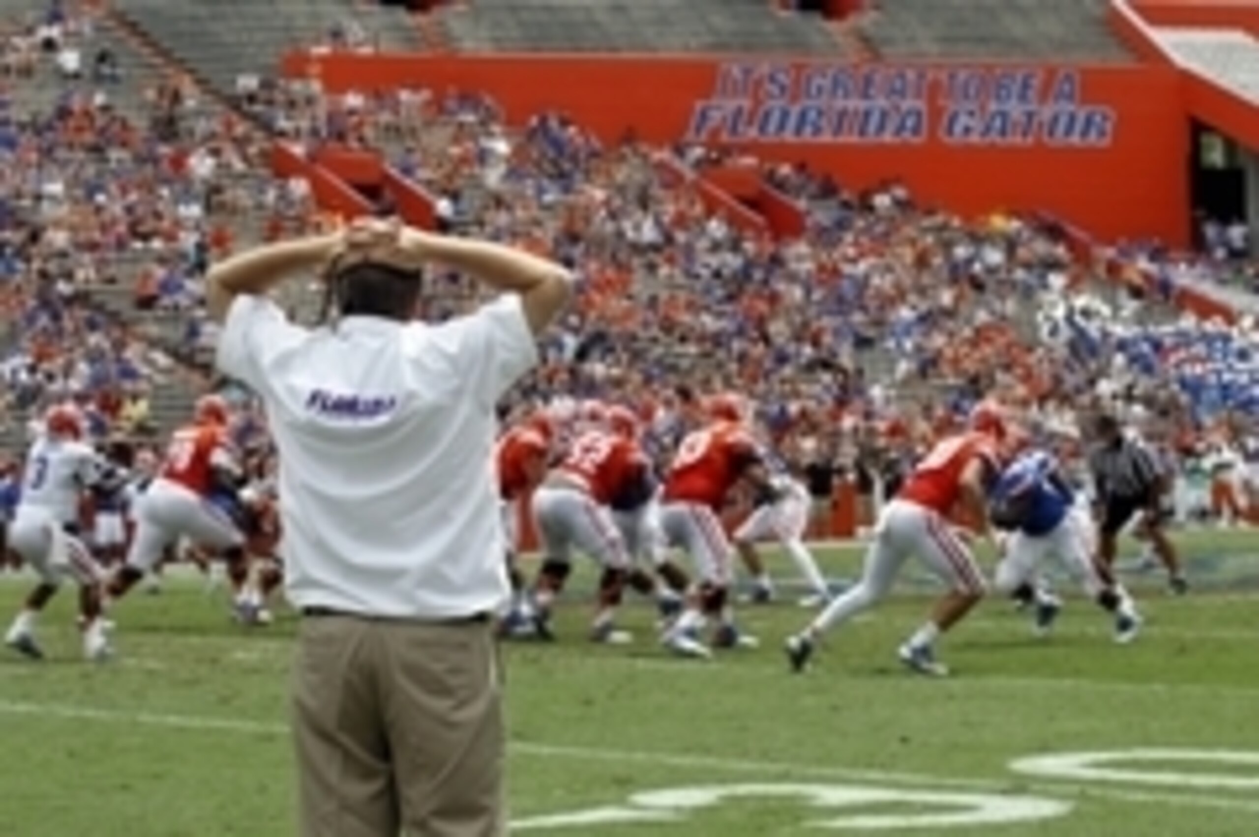 Apr 11, 2015; Gainesville, FL, USA; Florida Gators head coach Jim McElwain looks on during the first half at the Orange and Blue Debut at Ben Hill Griffin Stadium. Mandatory Credit: Kim Klement-USA TODAY Sports