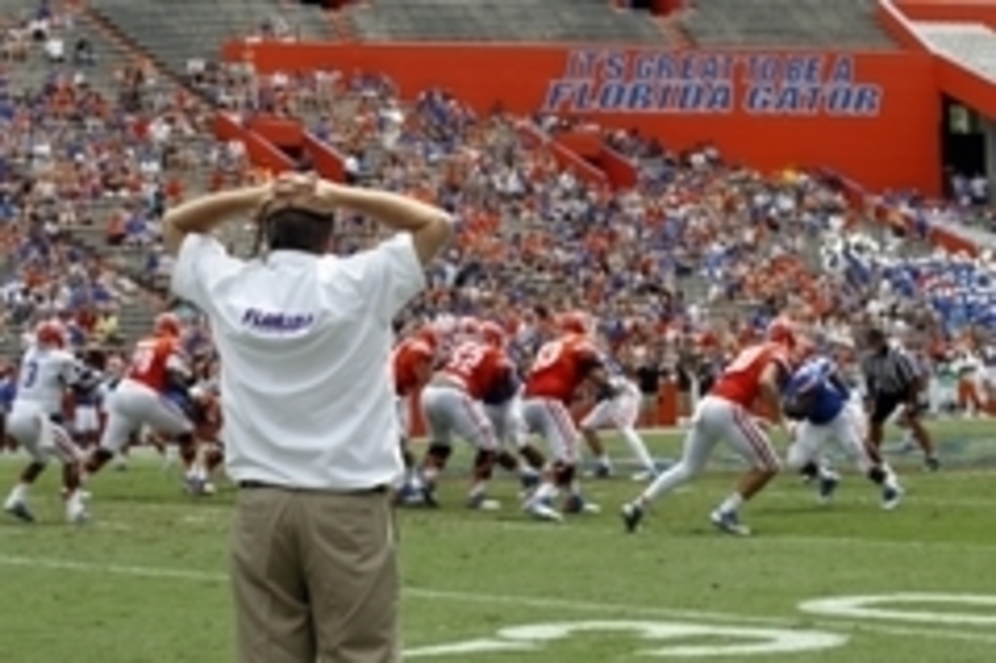 Apr 11, 2015; Gainesville, FL, USA; Florida Gators head coach Jim McElwain looks on during the first half at the Orange and Blue Debut at Ben Hill Griffin Stadium. Mandatory Credit: Kim Klement-USA TODAY Sports