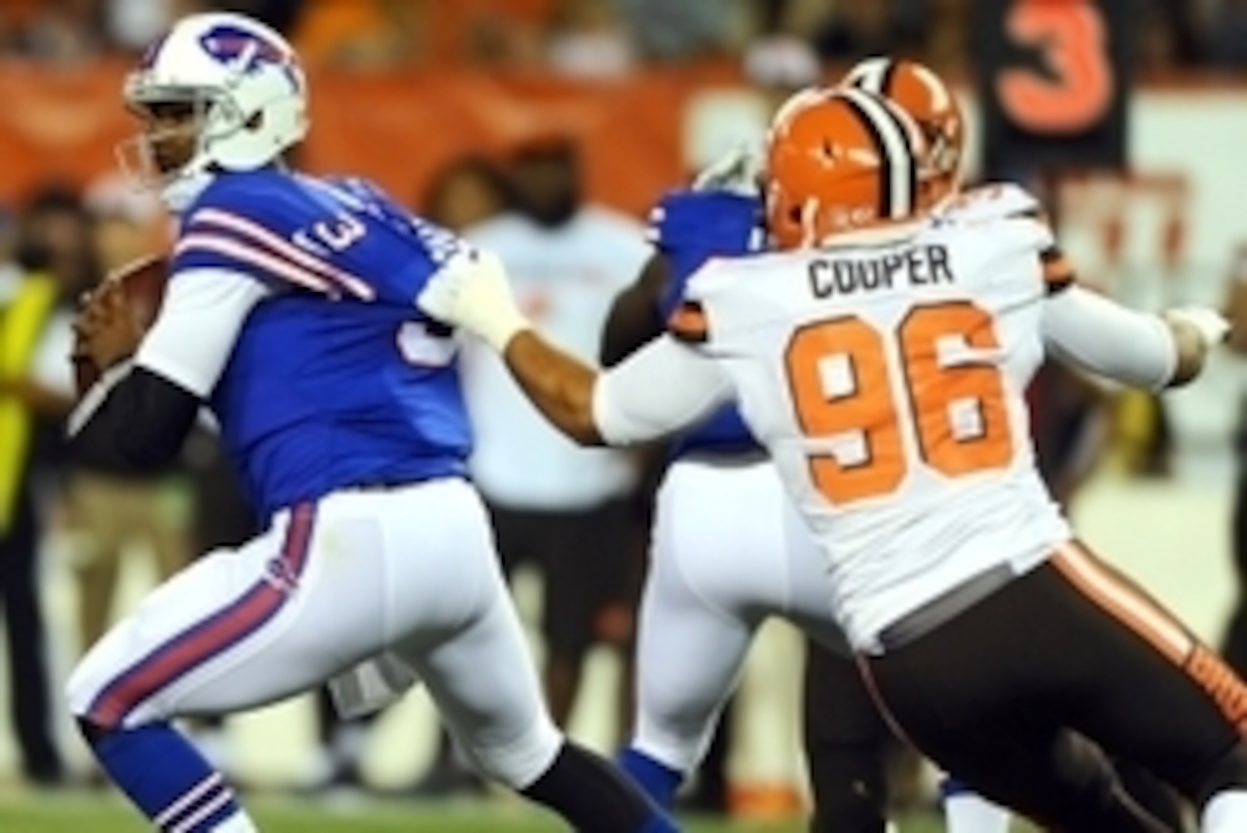 Aug 20, 2015; Cleveland, OH, USA; Cleveland Browns defensive tackle Xavier Cooper (96) sacs Buffalo Bills quarterback EJ Manuel (3) during the second half at FirstEnergy Stadium. Mandatory Credit: Ken Blaze-USA TODAY Sports