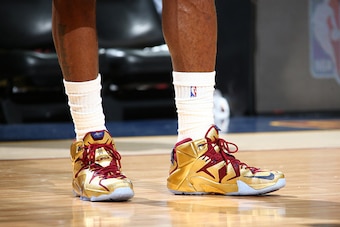 CLEVELAND, OH - JUNE 16:  Sneakers worn by LeBron James #23 of the Cleveland Cavaliers during Game Six of the 2015 NBA Finals at The Quicken Loans Arena on June 16, 2015 in Cleveland, Ohio. NOTE TO USER: User expressly acknowledges and agrees that, by dow